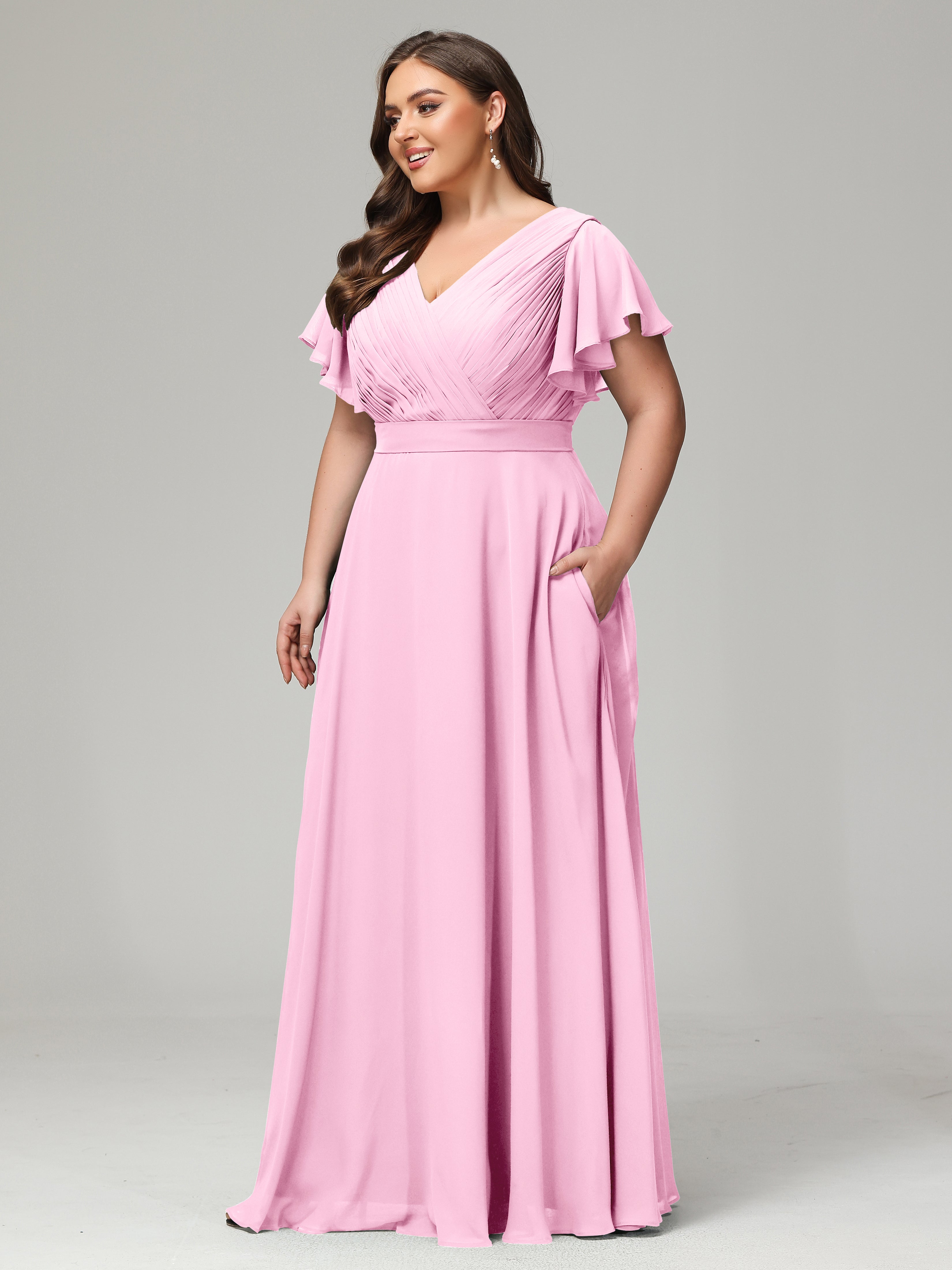 Robes De Demoiselle D'Honneur Rose Bonbon Grande Taille Dos En V Manches Courtes Mousseline