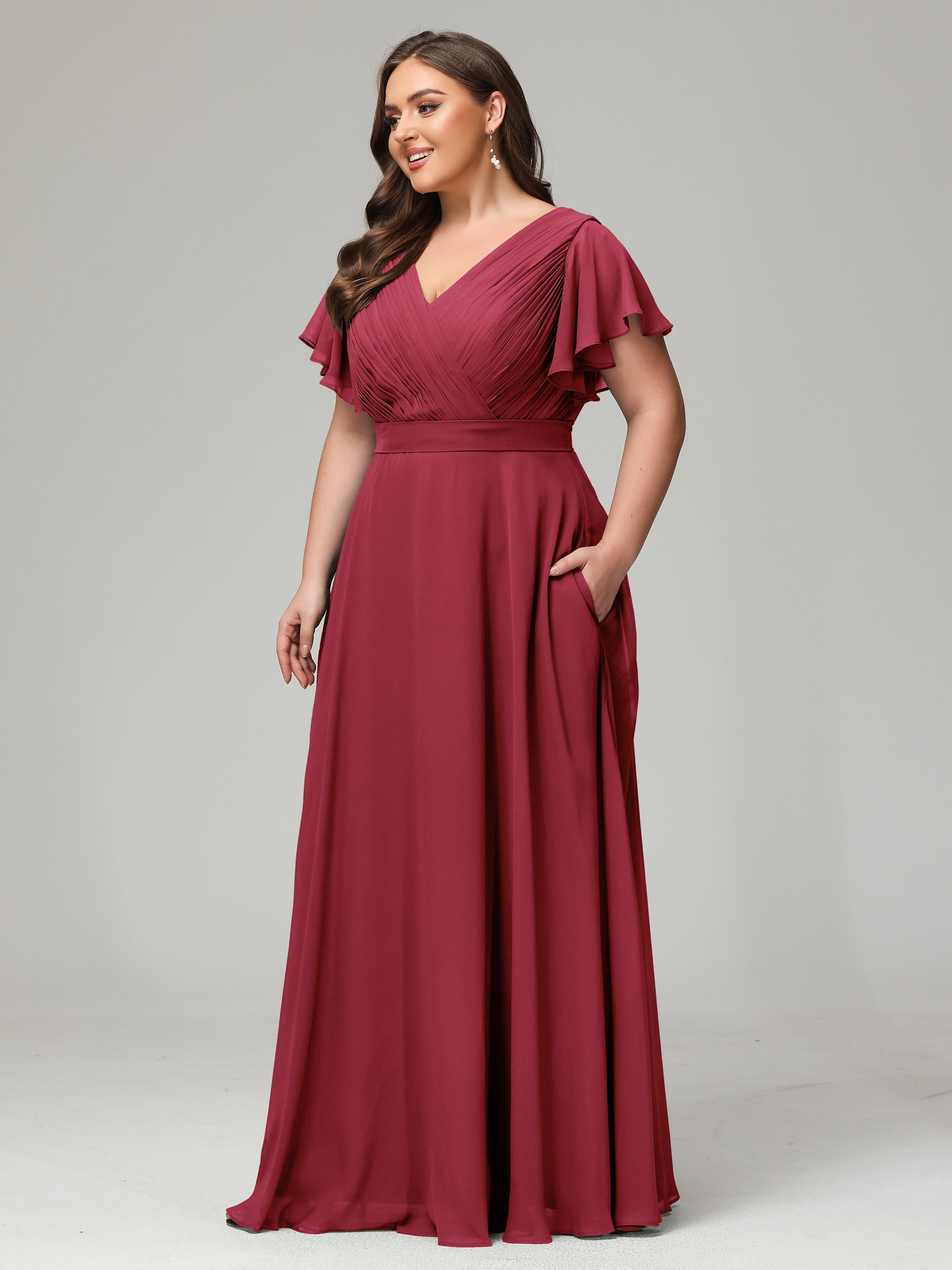 Robes De Demoiselle D'Honneur Rose Cannelle Dos En V Manches Courtes Mousseline Robes Demoiselle D'Honneur Grande Taille