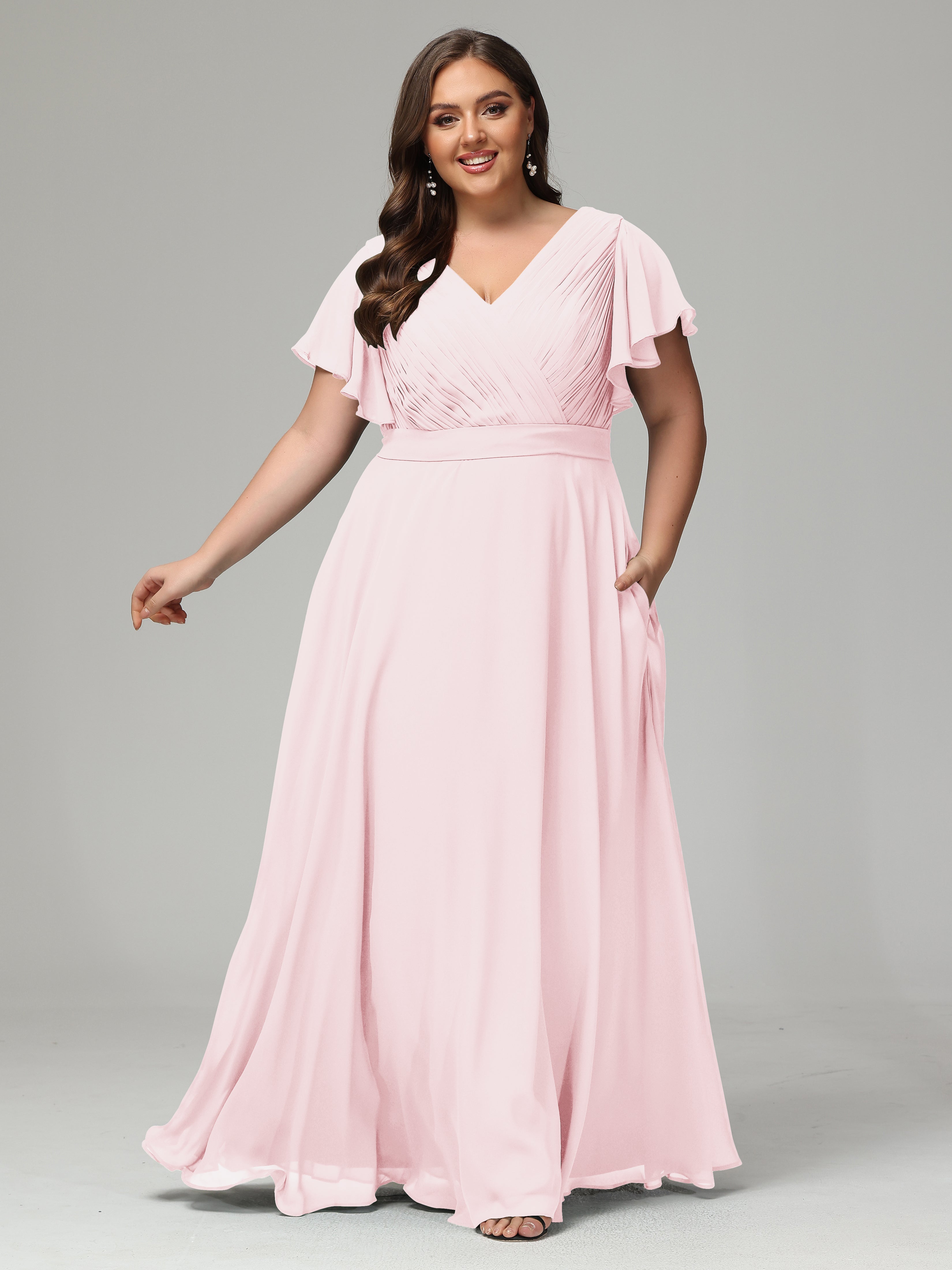 Robe Demoiselle Dhonneur Rose Pale Grande Taille Dos En V Manches Courtes Mousseline