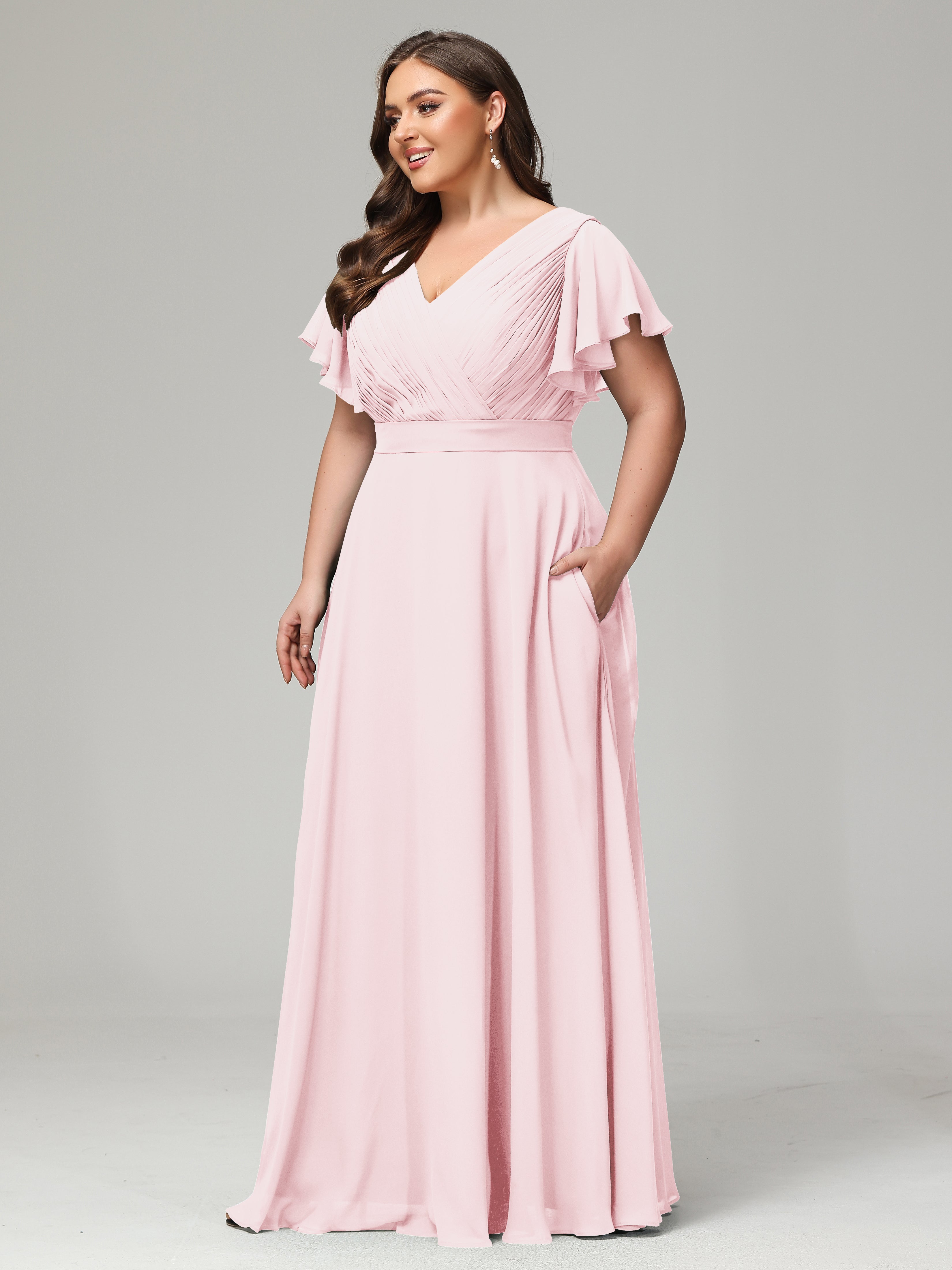 Robe Demoiselle Dhonneur Rose Pale Grande Taille Dos En V Manches Courtes Mousseline