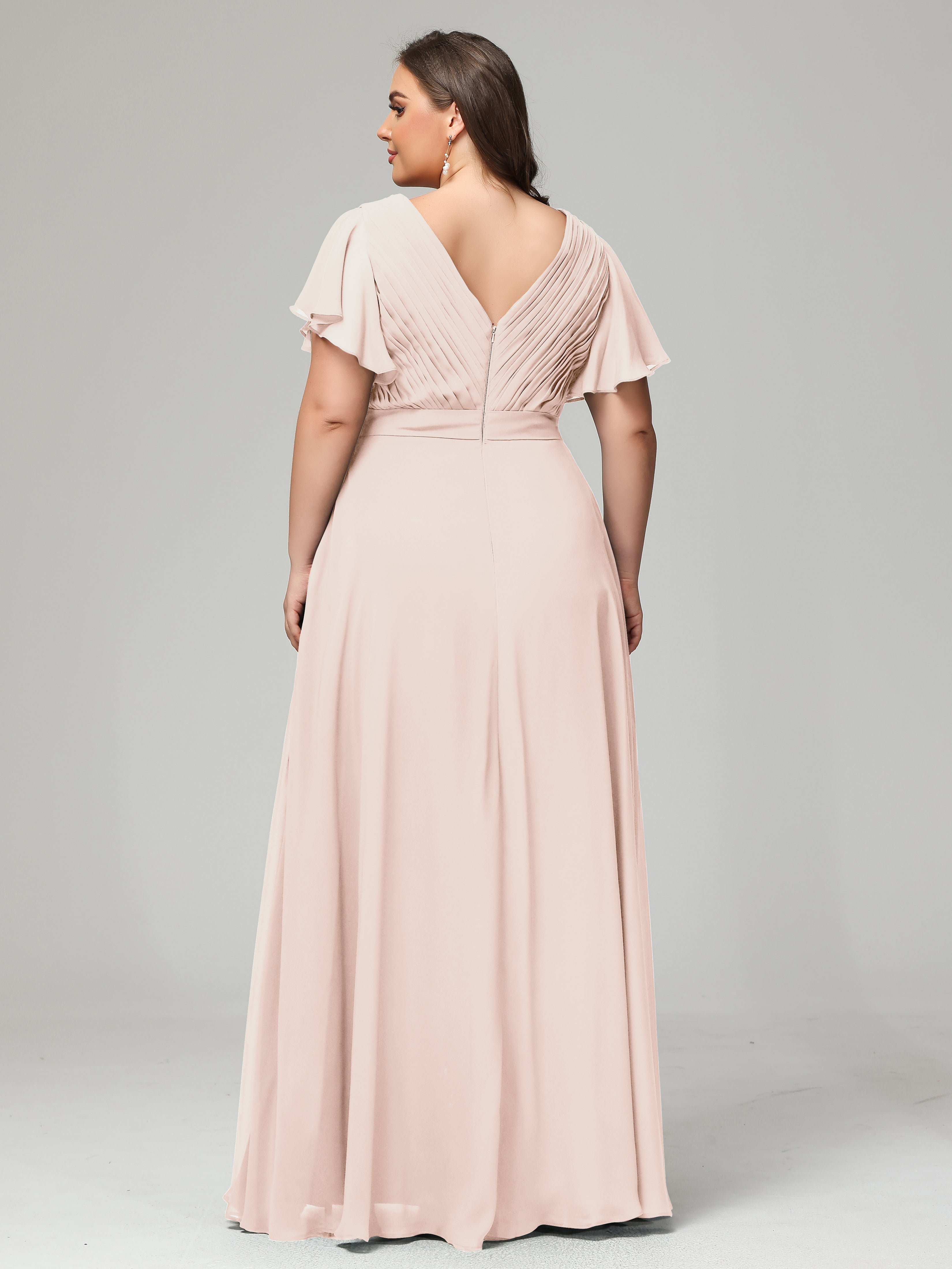 Robe De Demoiselle D'Honneur En Perles Grande Taille Dos En V Manches Courtes Mousseline