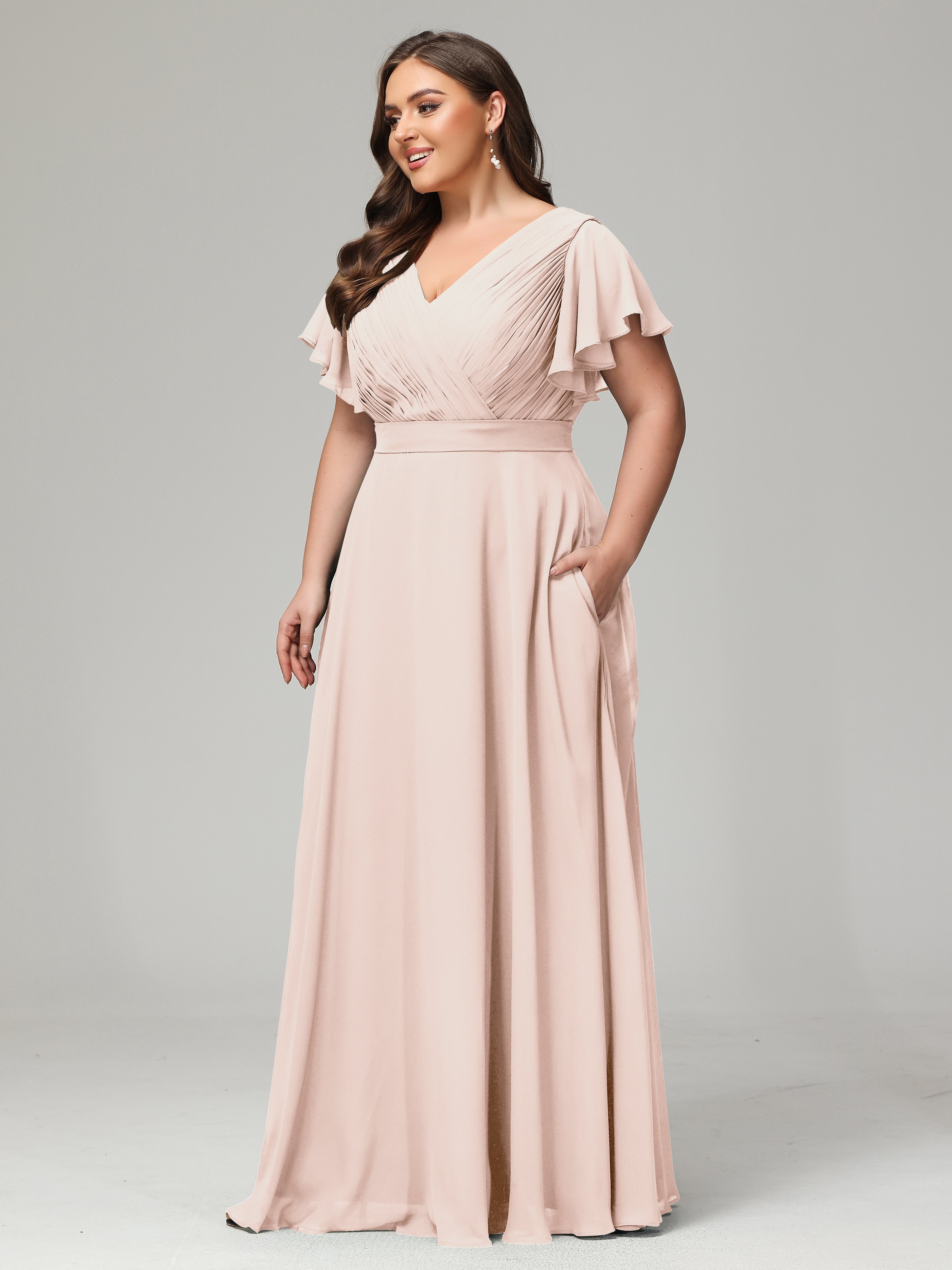 Robe De Demoiselle D'Honneur En Perles Grande Taille Dos En V Manches Courtes Mousseline