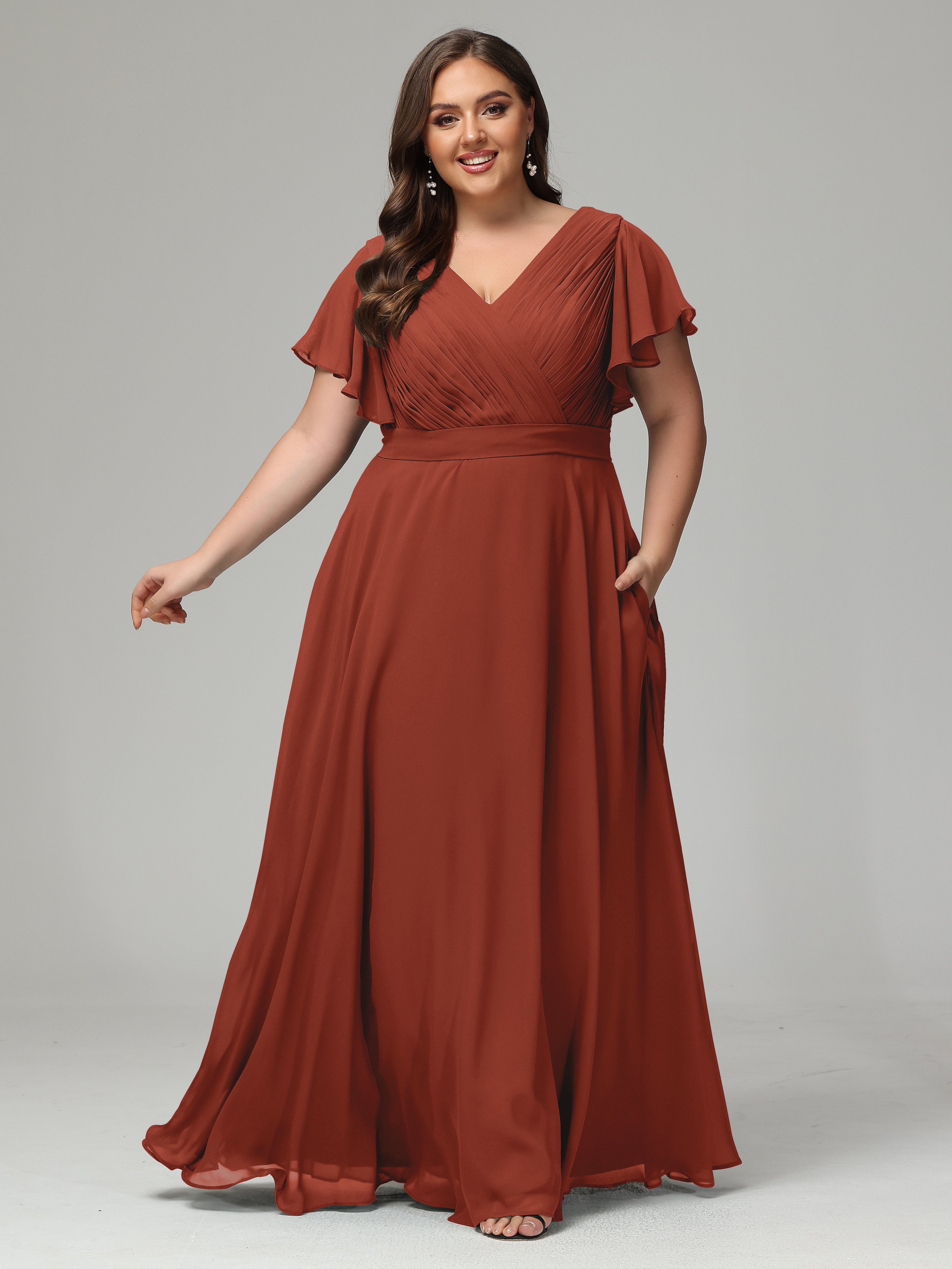 Robes De Demoiselle D'Honneur Rouille Grande Taille Dos En V Manches Courtes Mousseline
