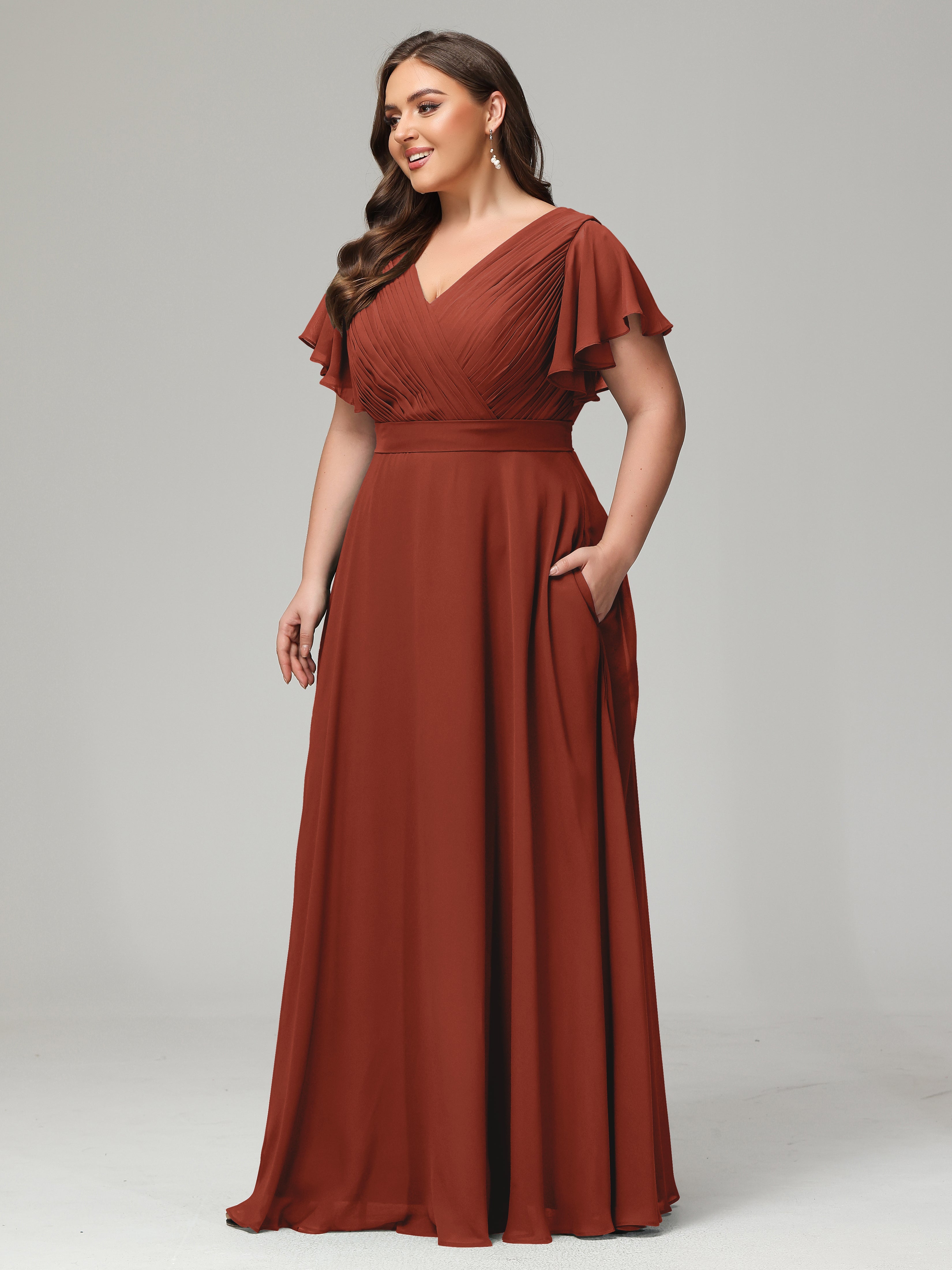 Robes De Demoiselle D'Honneur Rouille Grande Taille Dos En V Manches Courtes Mousseline