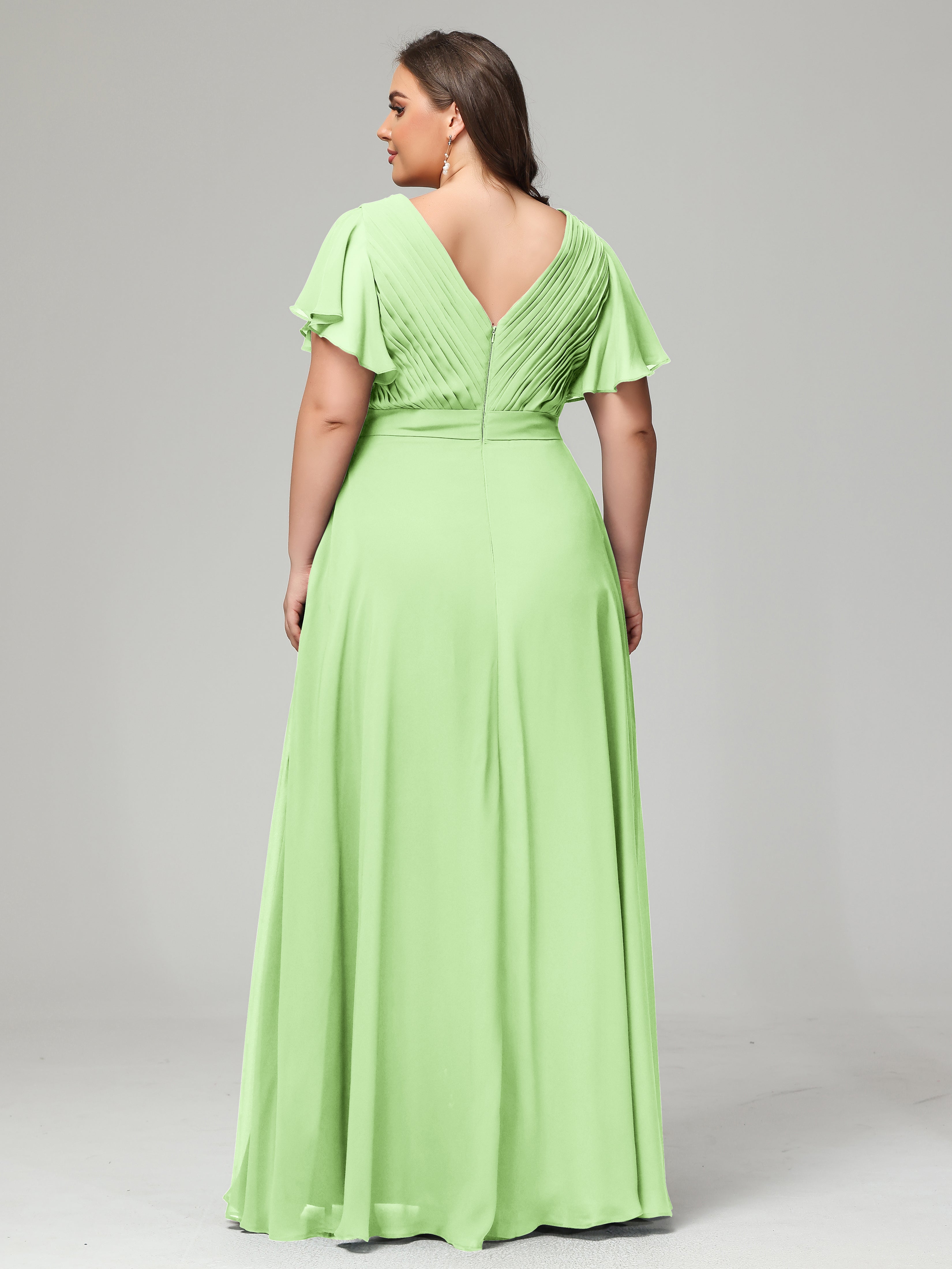 Robe Vert Sauge Demoiselle D Honneur Grande Taille Dos En V Manches Courtes Mousseline