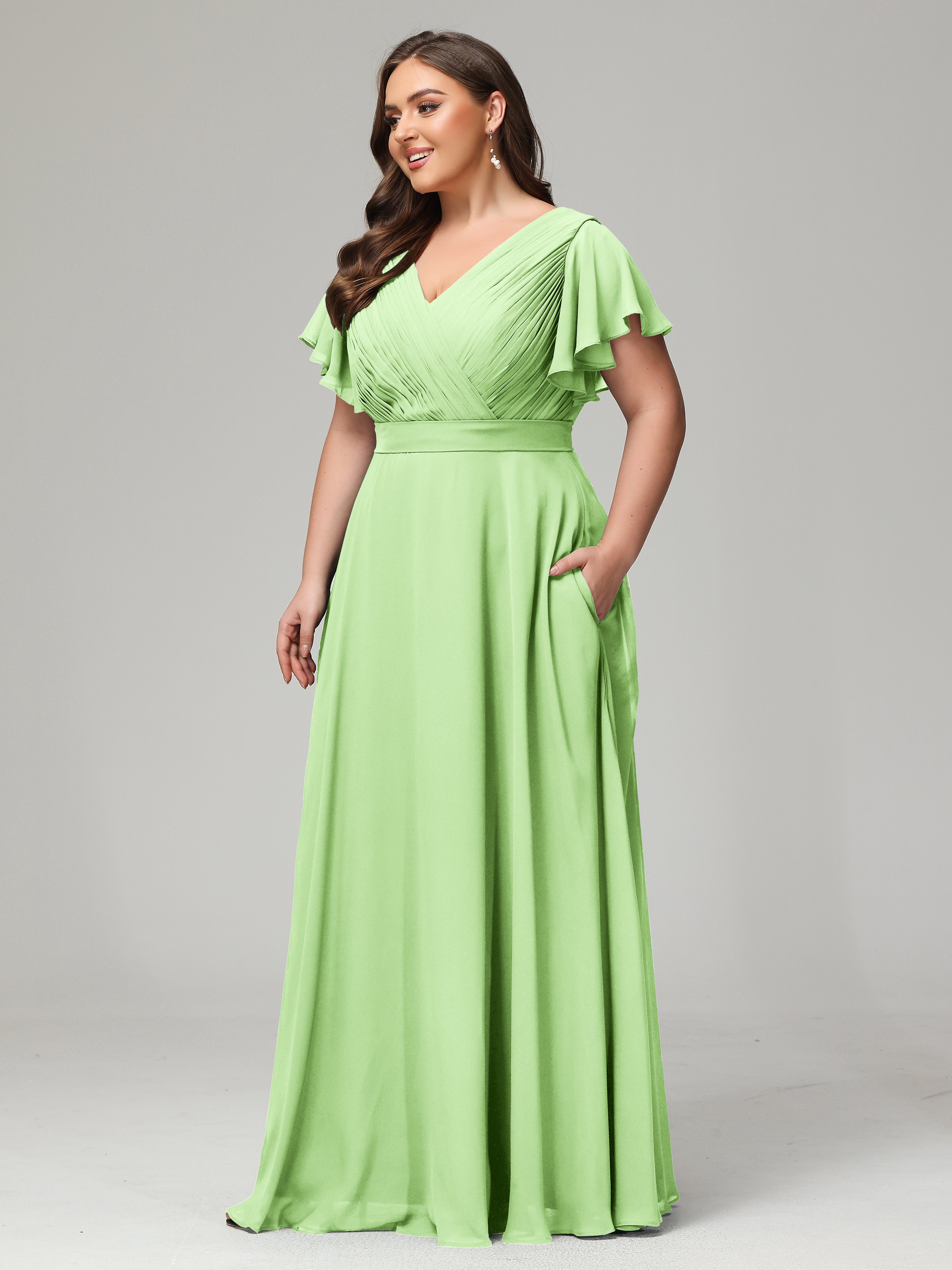 Robe Vert Sauge Demoiselle D Honneur Grande Taille Dos En V Manches Courtes Mousseline