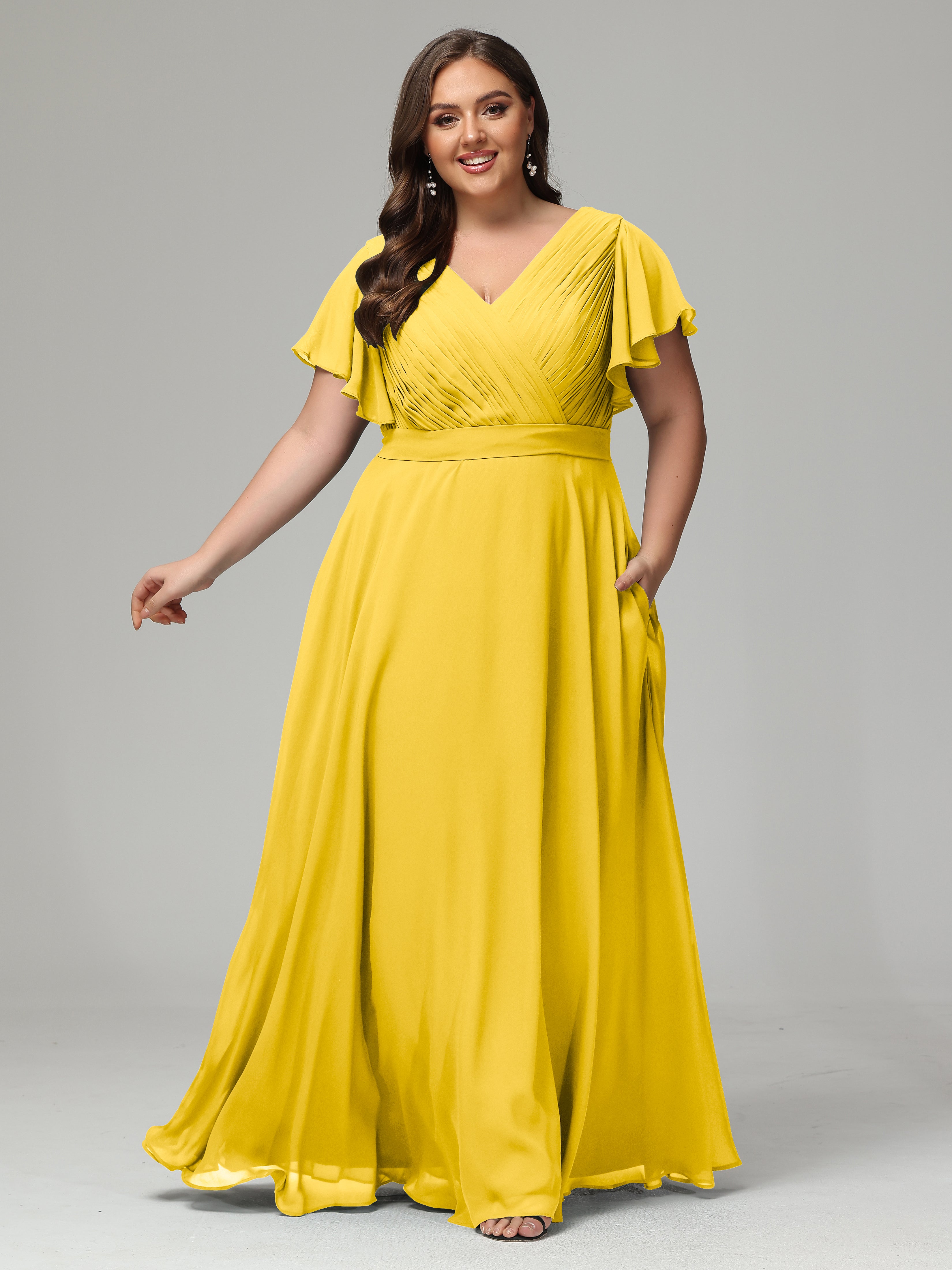 Robe De Demoiselle D'Honneur Souci Grande Taille Dos En V Manches Courtes Mousseline