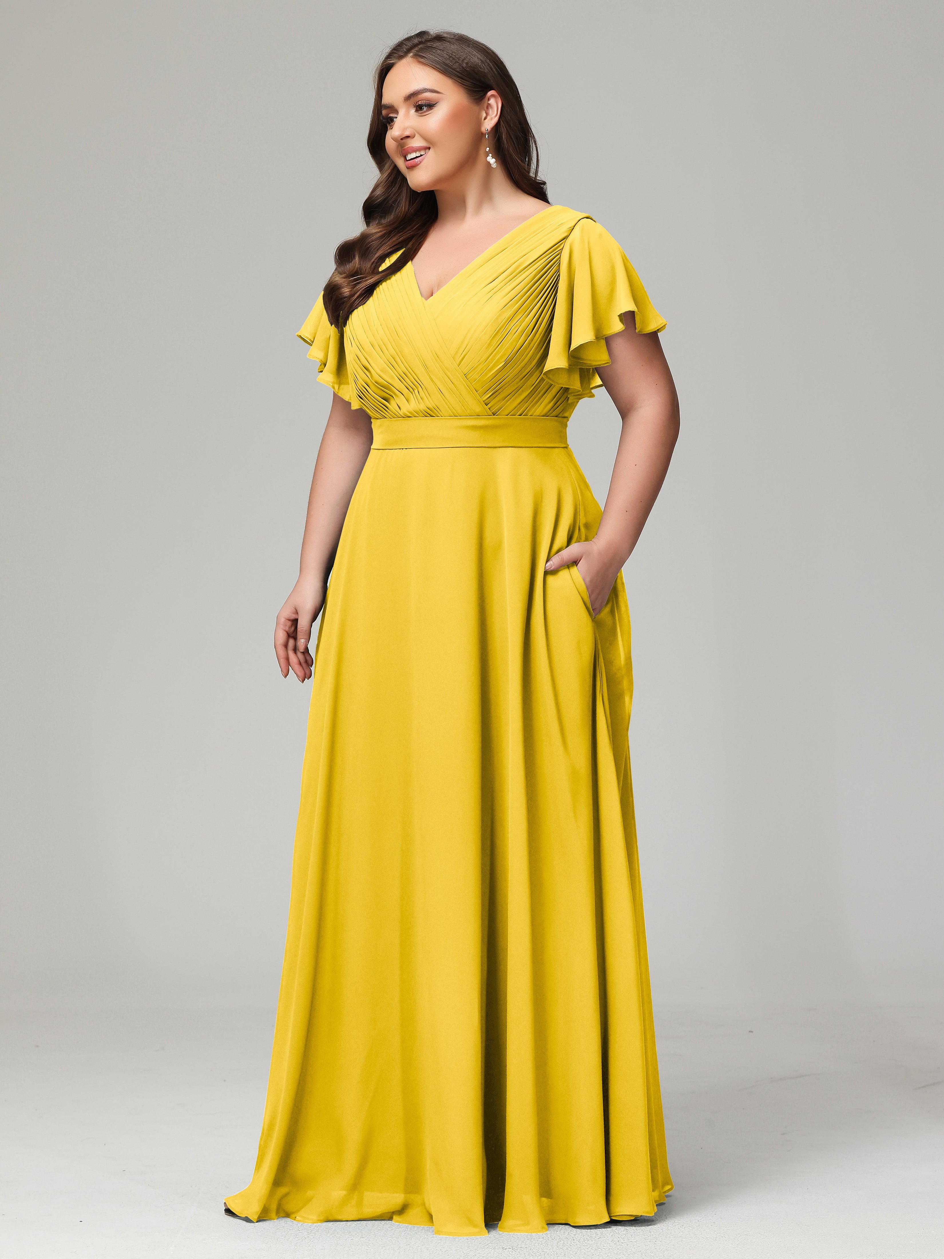 Robe De Demoiselle D'Honneur Souci Grande Taille Dos En V Manches Courtes Mousseline