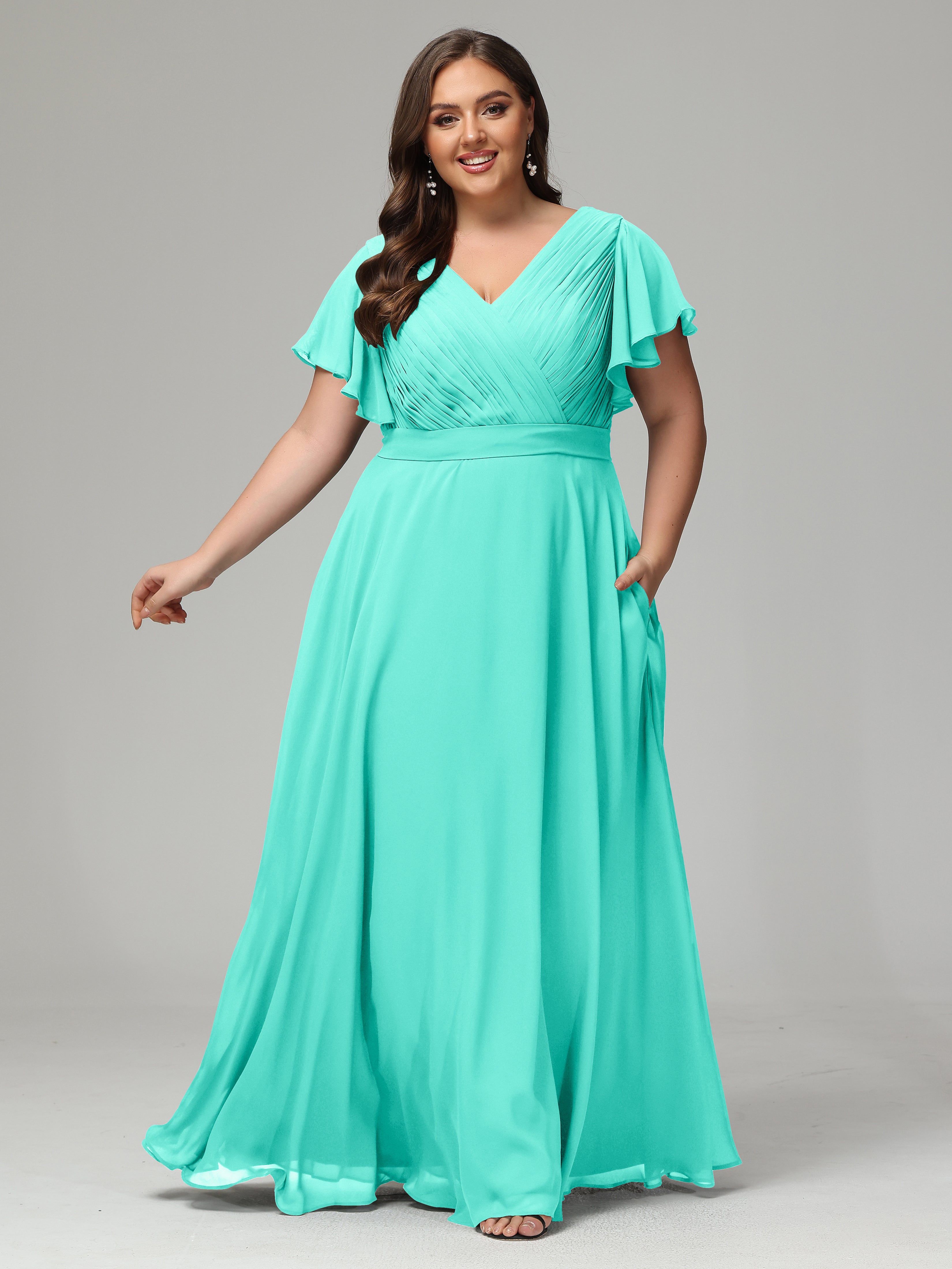 Robes De Demoiselle D'Honneur Spa Grande Taille Dos En V Manches Courtes Mousseline