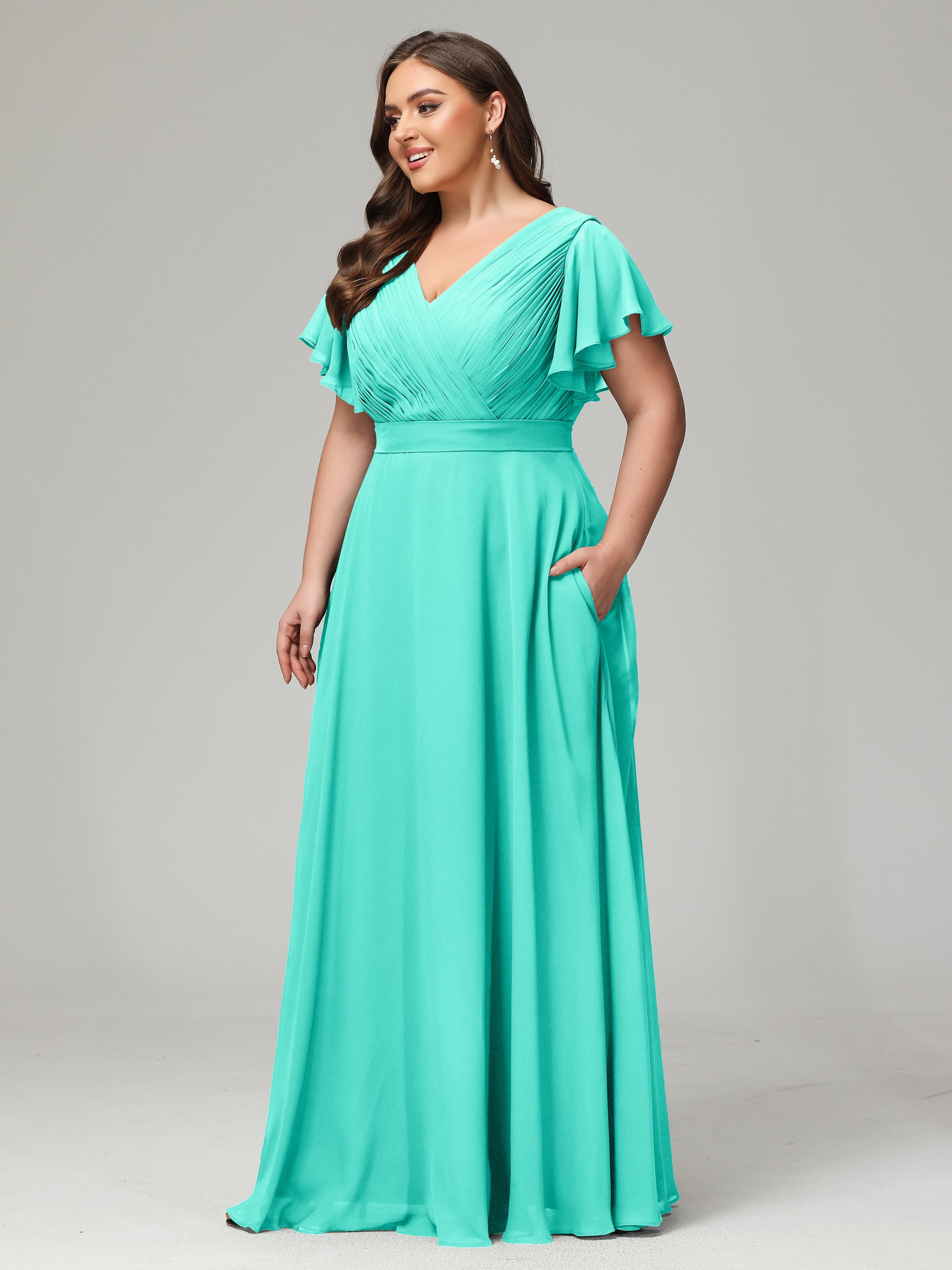 Robes De Demoiselle D'Honneur Spa Grande Taille Dos En V Manches Courtes Mousseline