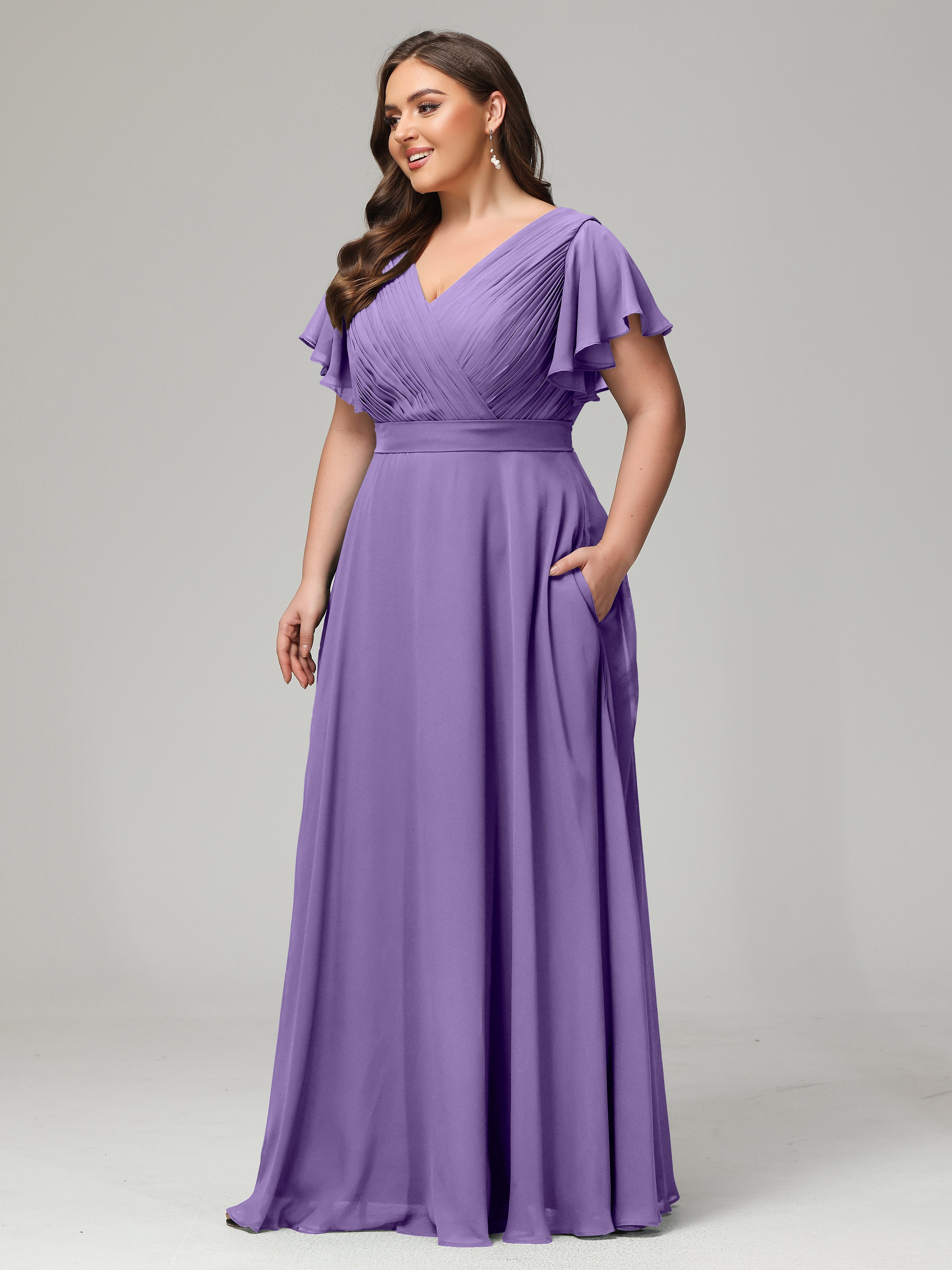 Robes De Demoiselle D'Honneur Tahiti Grande Taille Dos En V Manches Courtes Mousseline