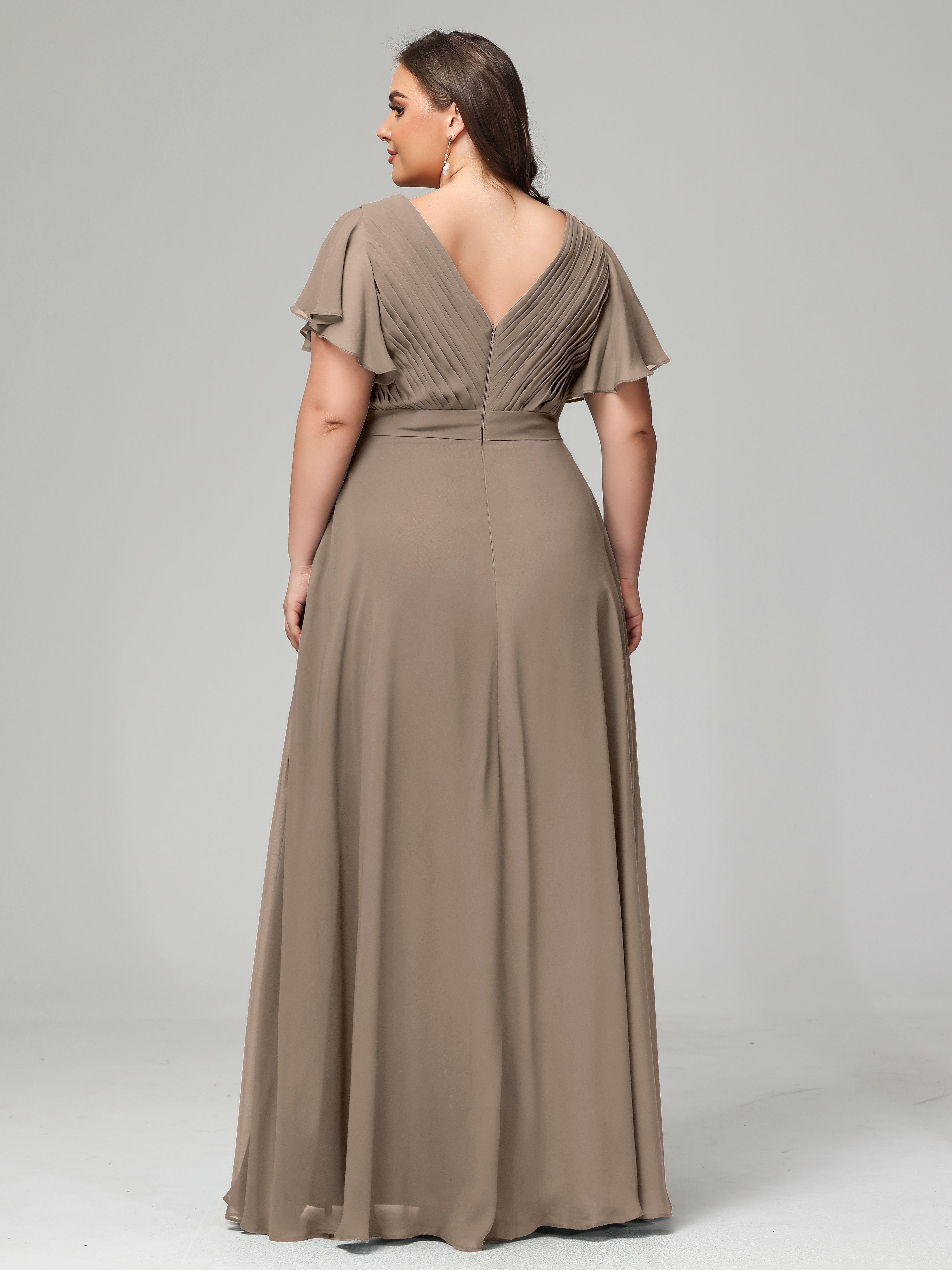 Robe Demoiselle D Honneur Taupe Grande Taille Dos En V Manches Courtes Mousseline