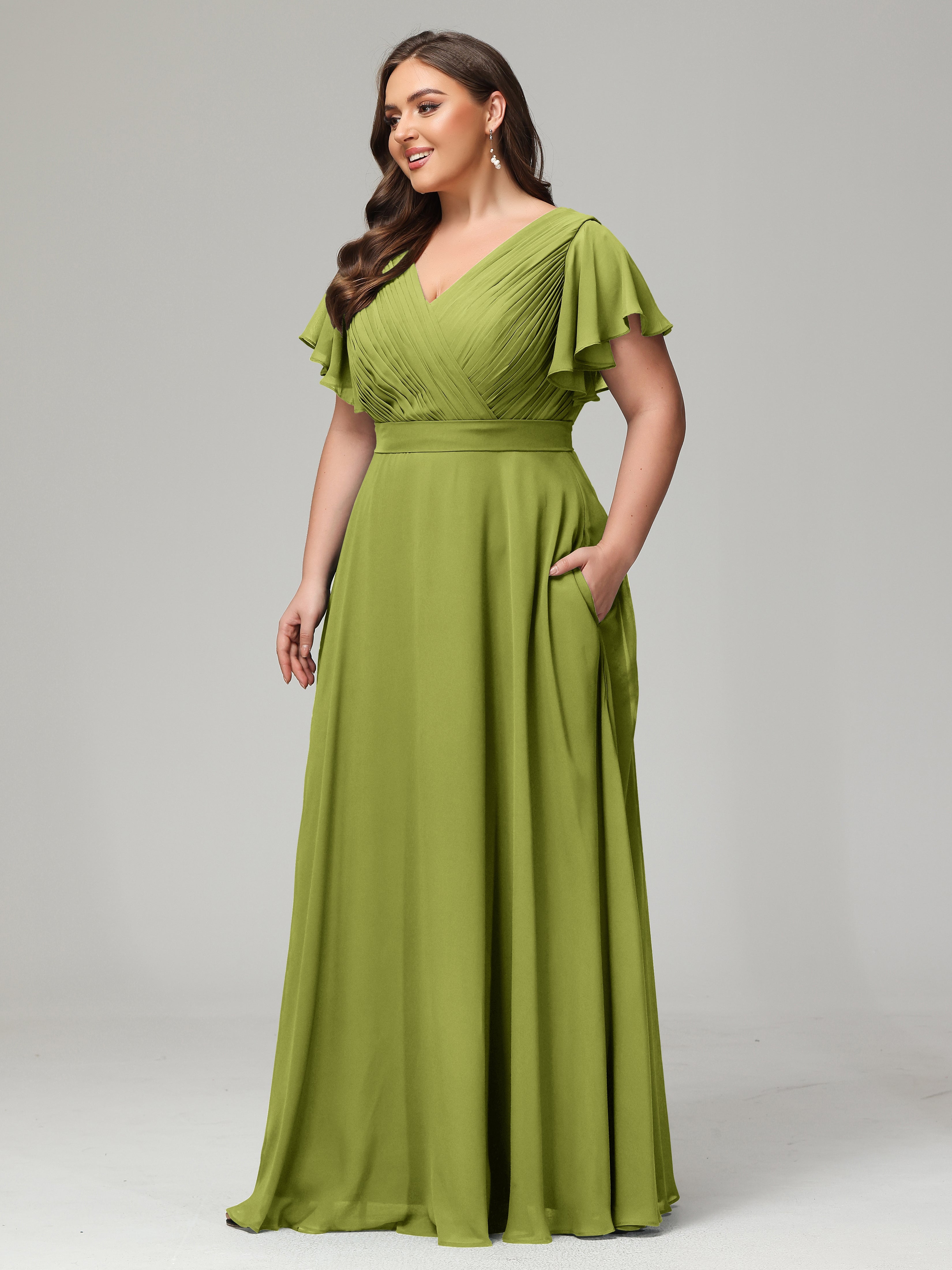 Robes De Demoiselle D'Honneur Trèfle Grande Taille Dos En V Manches Courtes Mousseline