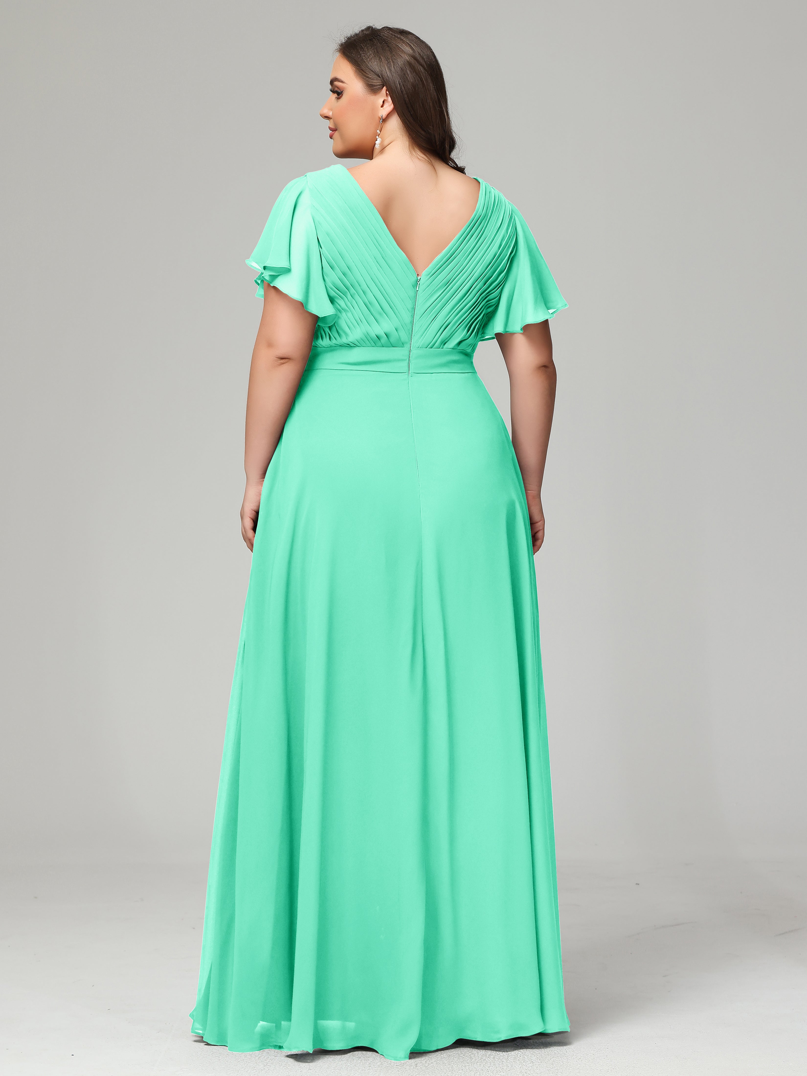 Robe De Demoiselle D Honneur Turquoise Grande Taille Dos En V Manches Courtes Mousseline