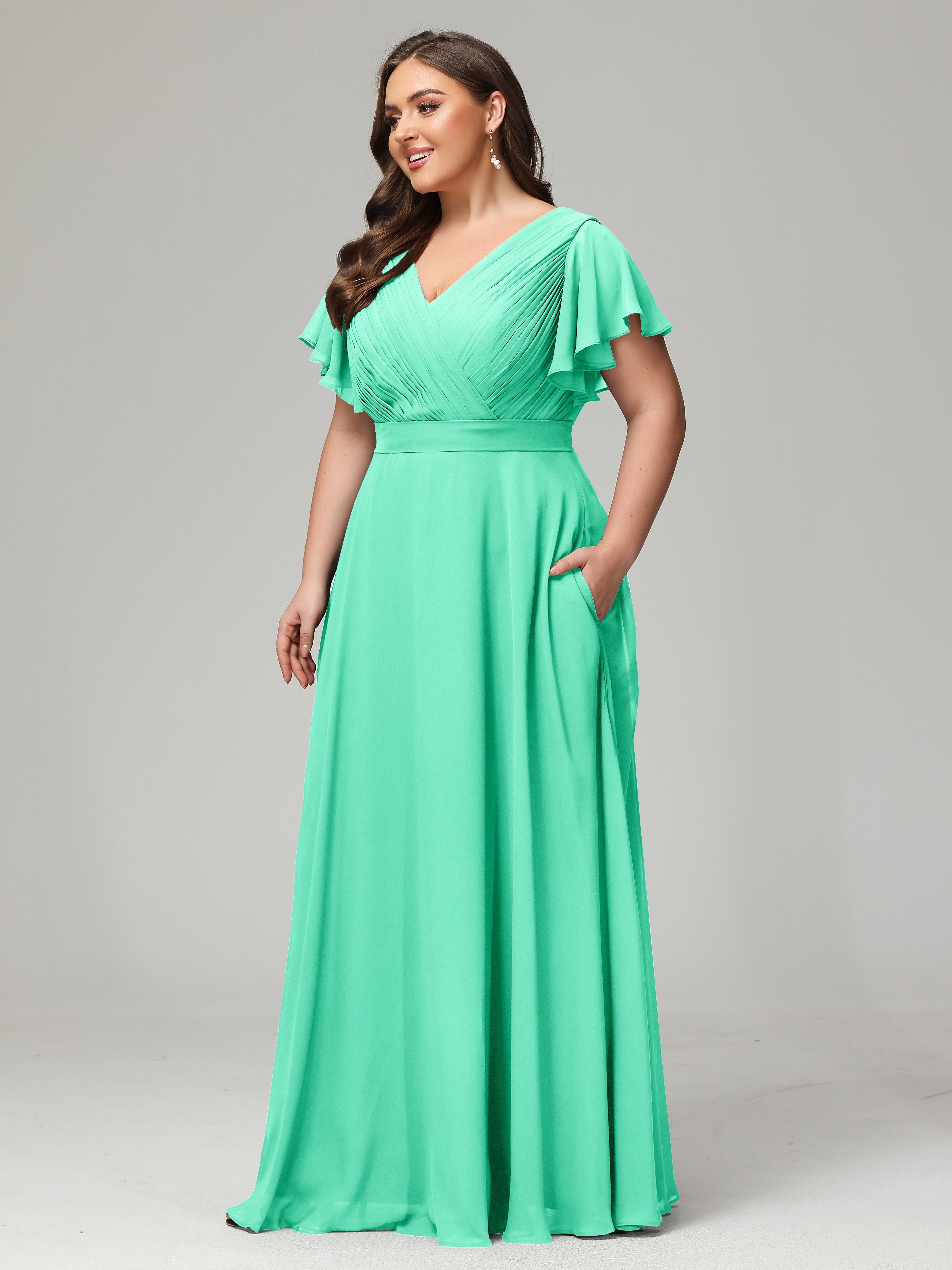 Robe De Demoiselle D Honneur Turquoise Grande Taille Dos En V Manches Courtes Mousseline