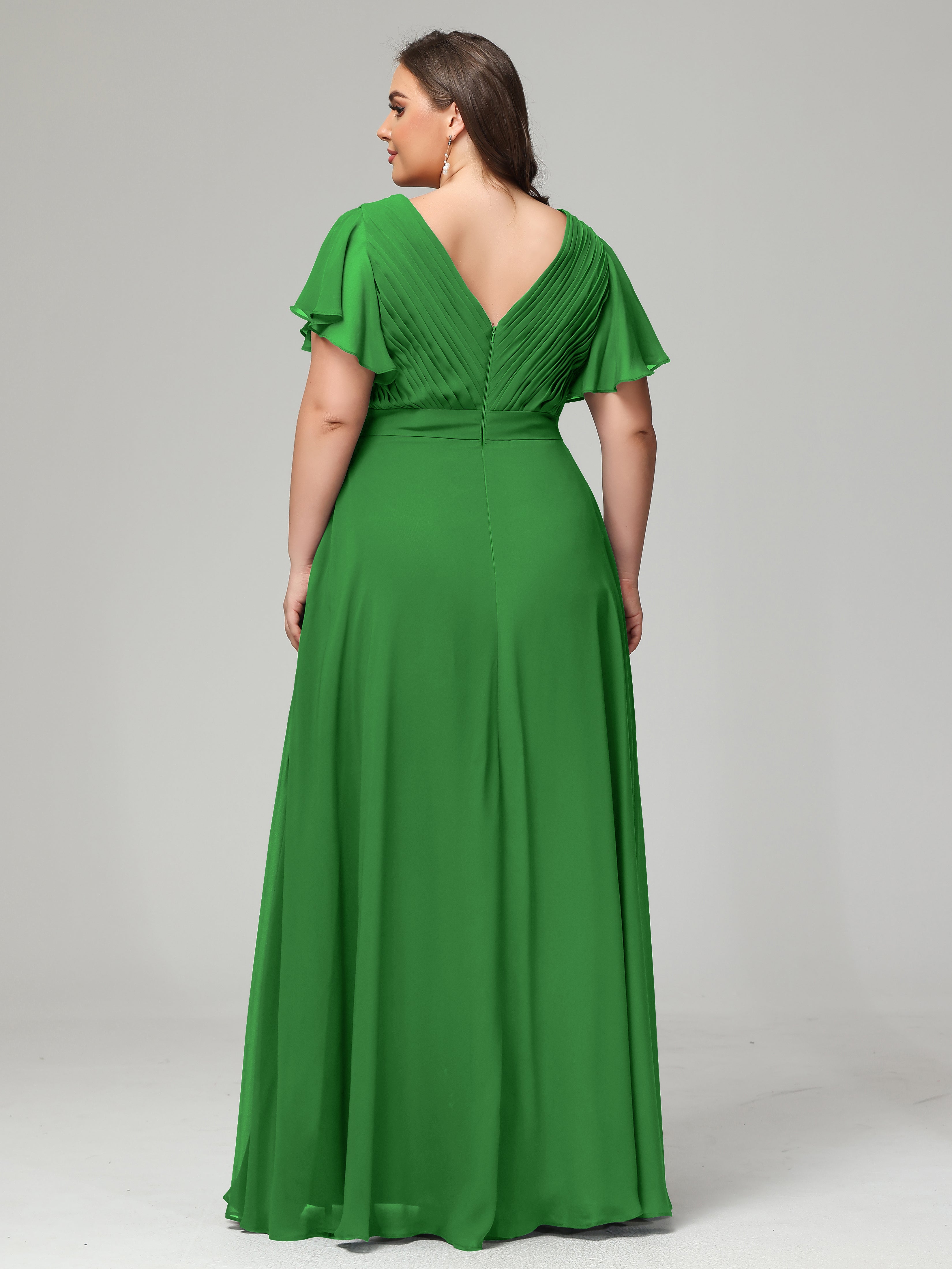 Robes De Demoiselle D'Honneur Vert Pin Grande Taille Dos En V Manches Courtes Mousseline