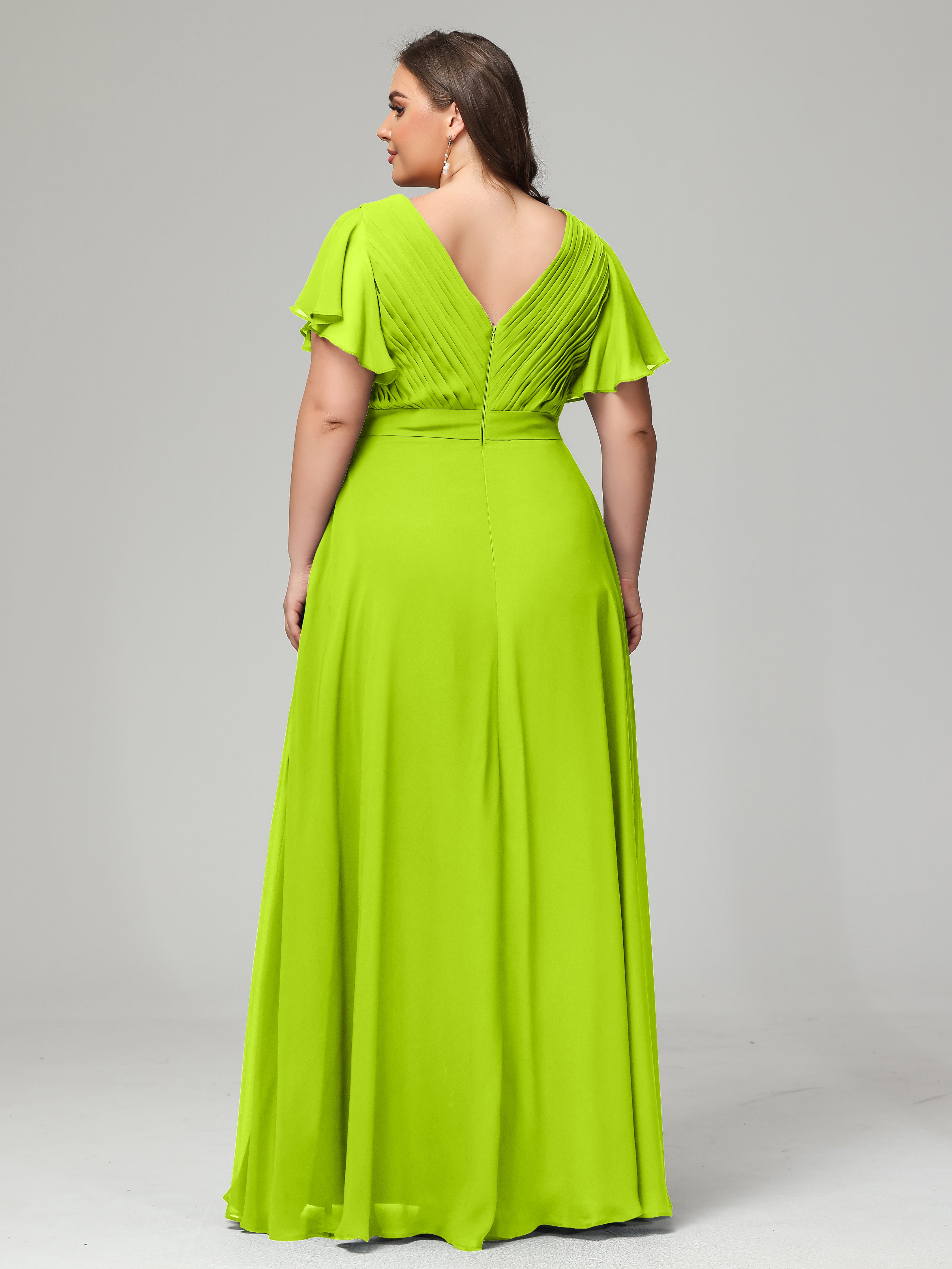 Robes De Demoiselle D'Honneur Vert Citron Grande Taille Dos En V Manches Courtes Mousseline