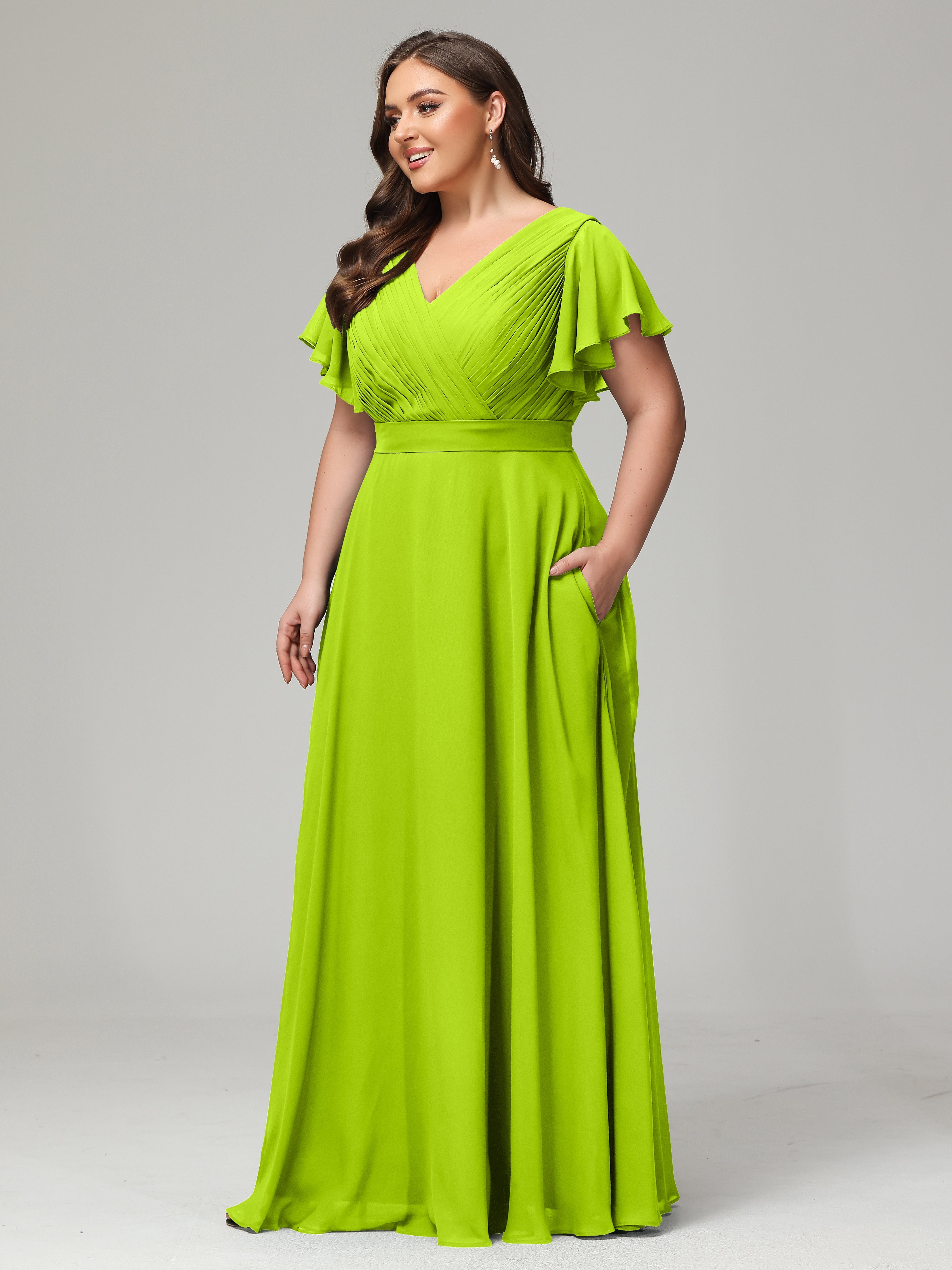 Robes De Demoiselle D'Honneur Vert Citron Grande Taille Dos En V Manches Courtes Mousseline