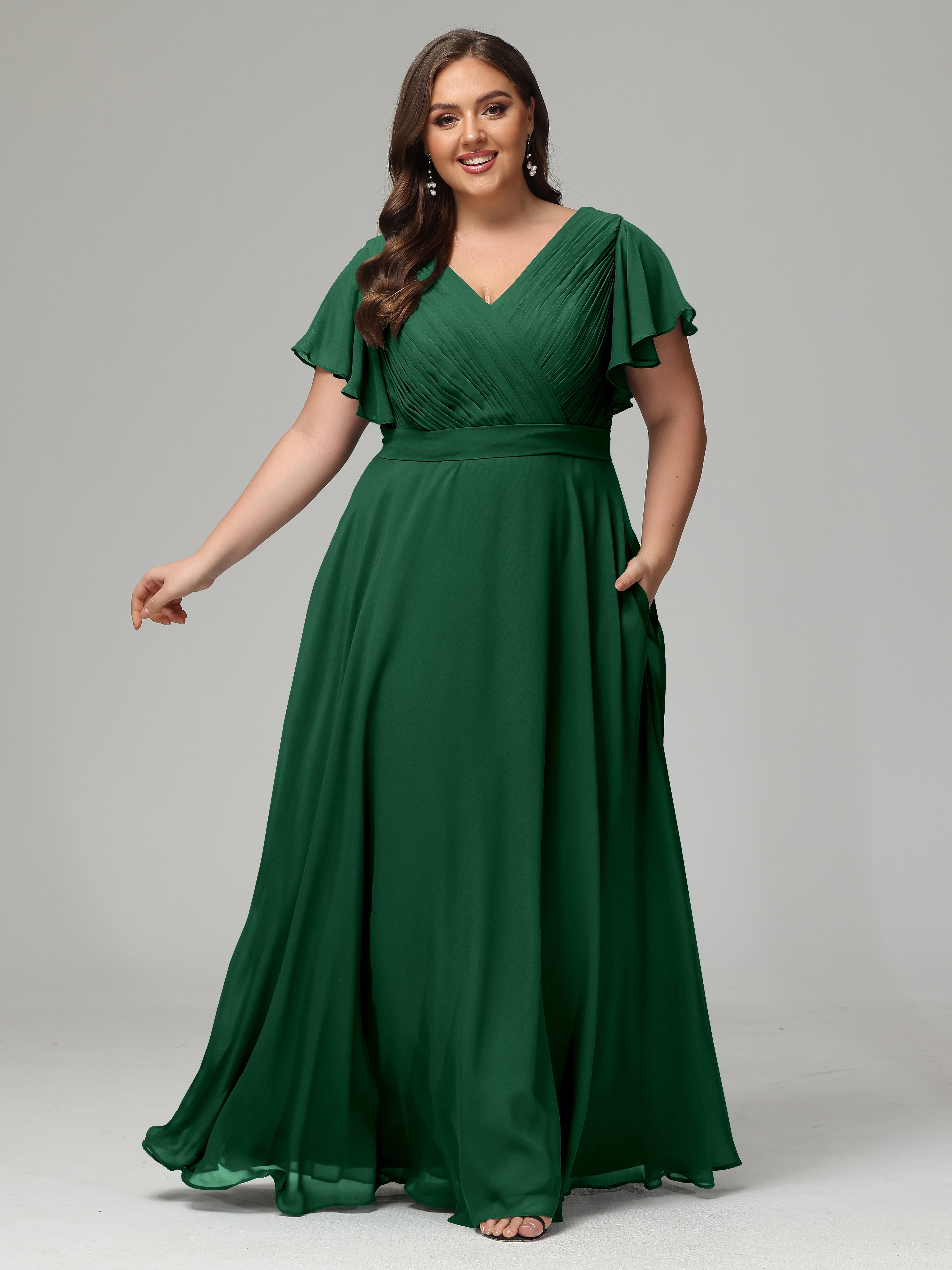 Demoiselle D'Honneur Vert Foncé Grande Taille Dos En V Manches Courtes Mousseline