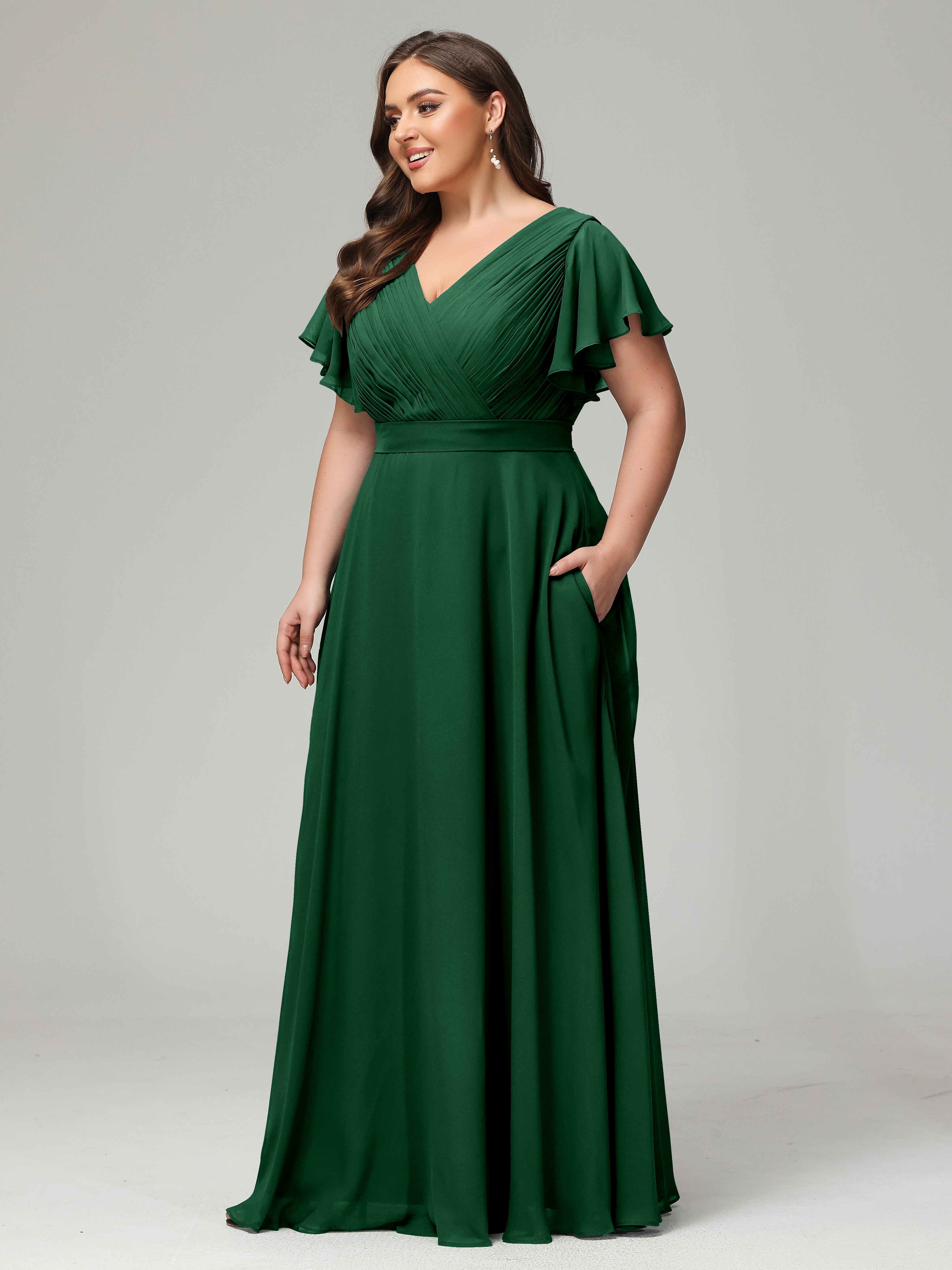 Demoiselle D'Honneur Vert Foncé Grande Taille Dos En V Manches Courtes Mousseline