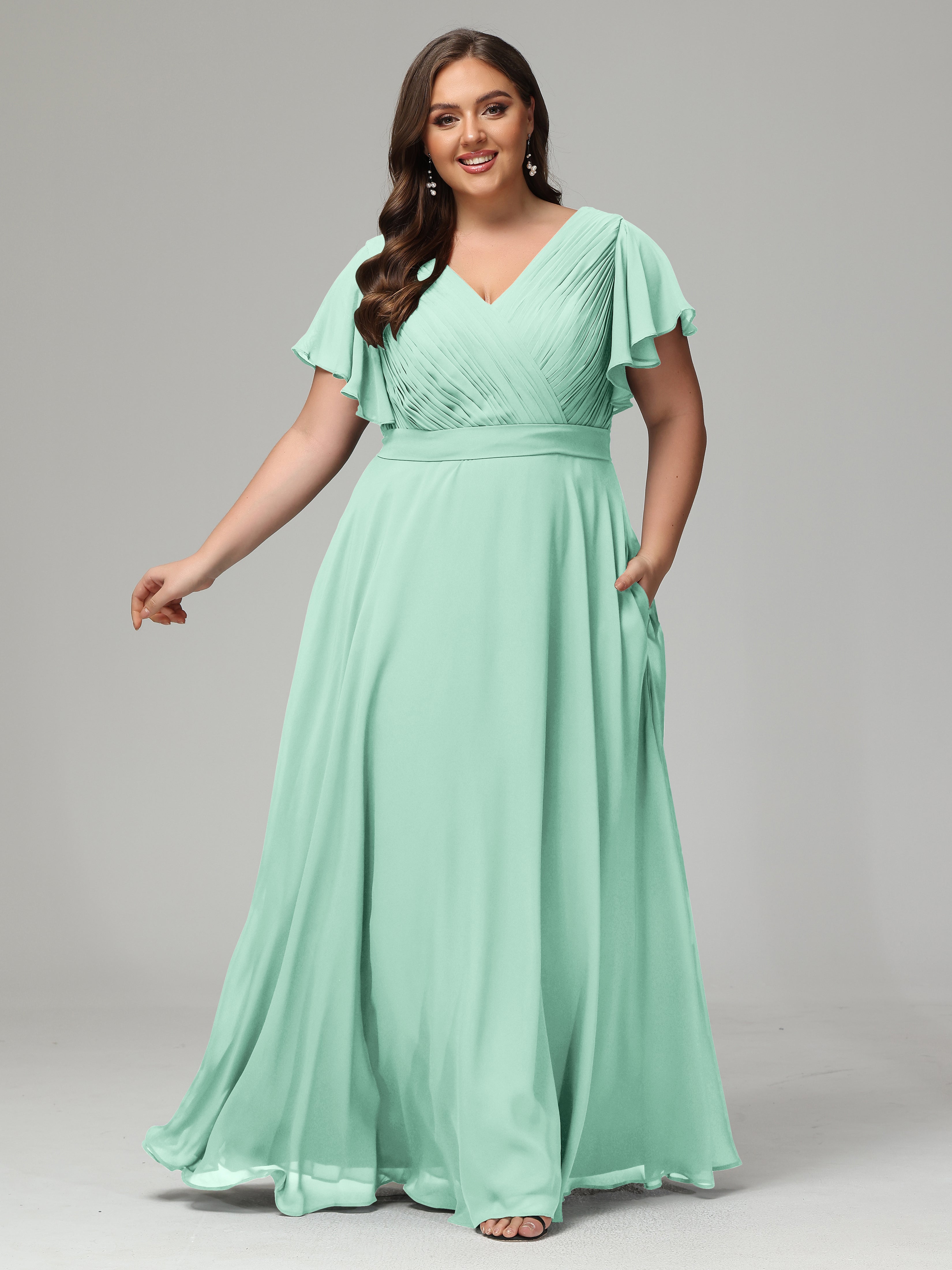 Robe Vert Menthe Demoiselle D Honneur Grande Taille Dos En V Manches Courtes Mousseline