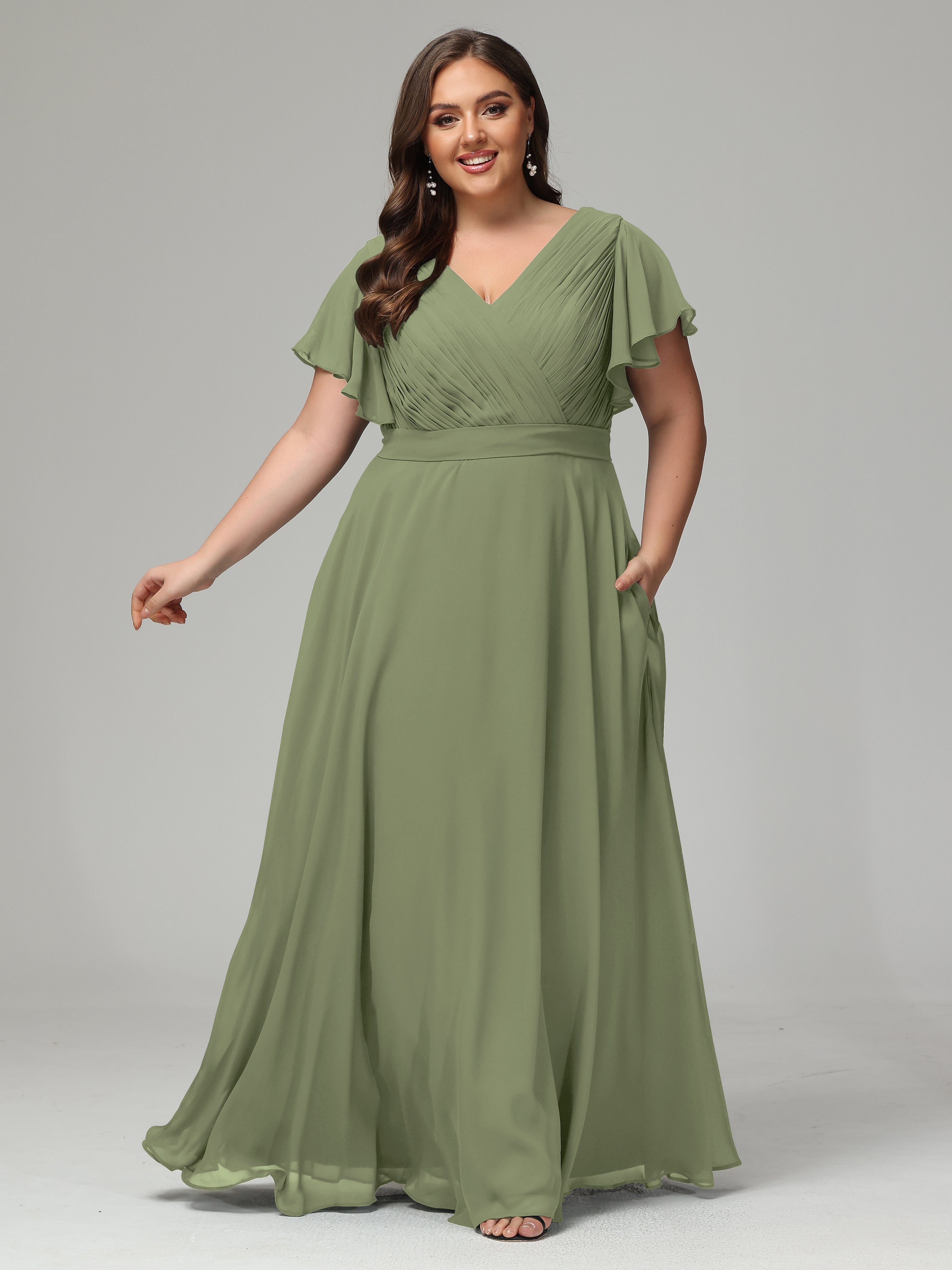 Robe Vert Olive Demoiselle D Honneur Grande Taille Dos En V Manches Courtes Mousseline