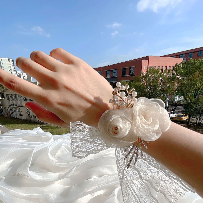 Corsage Poignet Mariage Perles - Demoiselle D'Honneur & Mariée - Fleur Bracelet 9x7cm