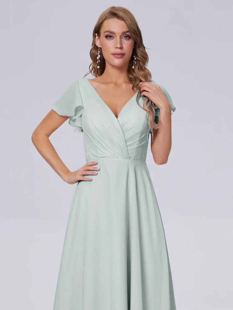 Robe Demoiselle D Honneur Vert Celadon Col V Mousseline Robes Demoiselle D'Honneur