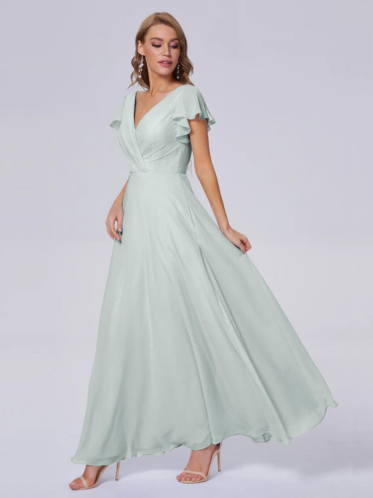 Robe Demoiselle D Honneur Vert Celadon Col V Mousseline Robes Demoiselle D'Honneur
