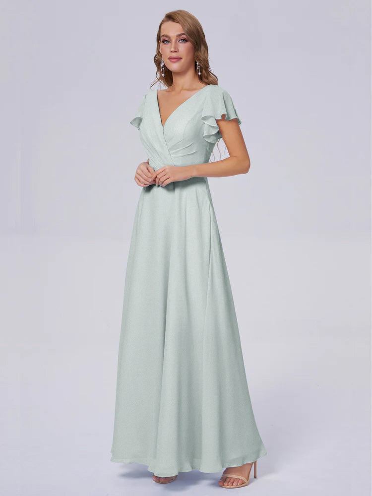 Robe Demoiselle D Honneur Vert Celadon Col V Mousseline Robes Demoiselle D'Honneur