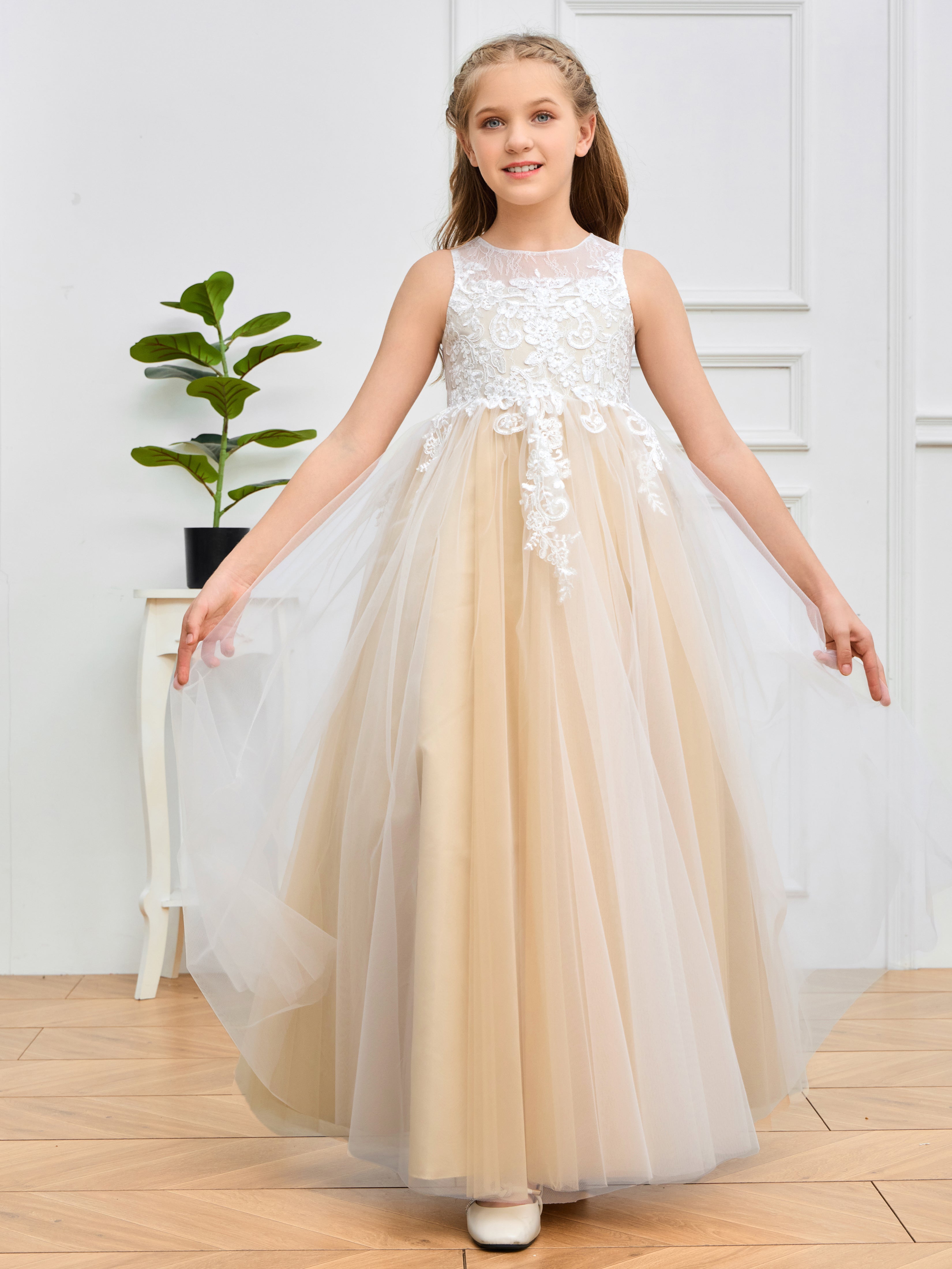 Sans manches Tulle Satin Longue Robe Fille Avec Dentelle Appliquée