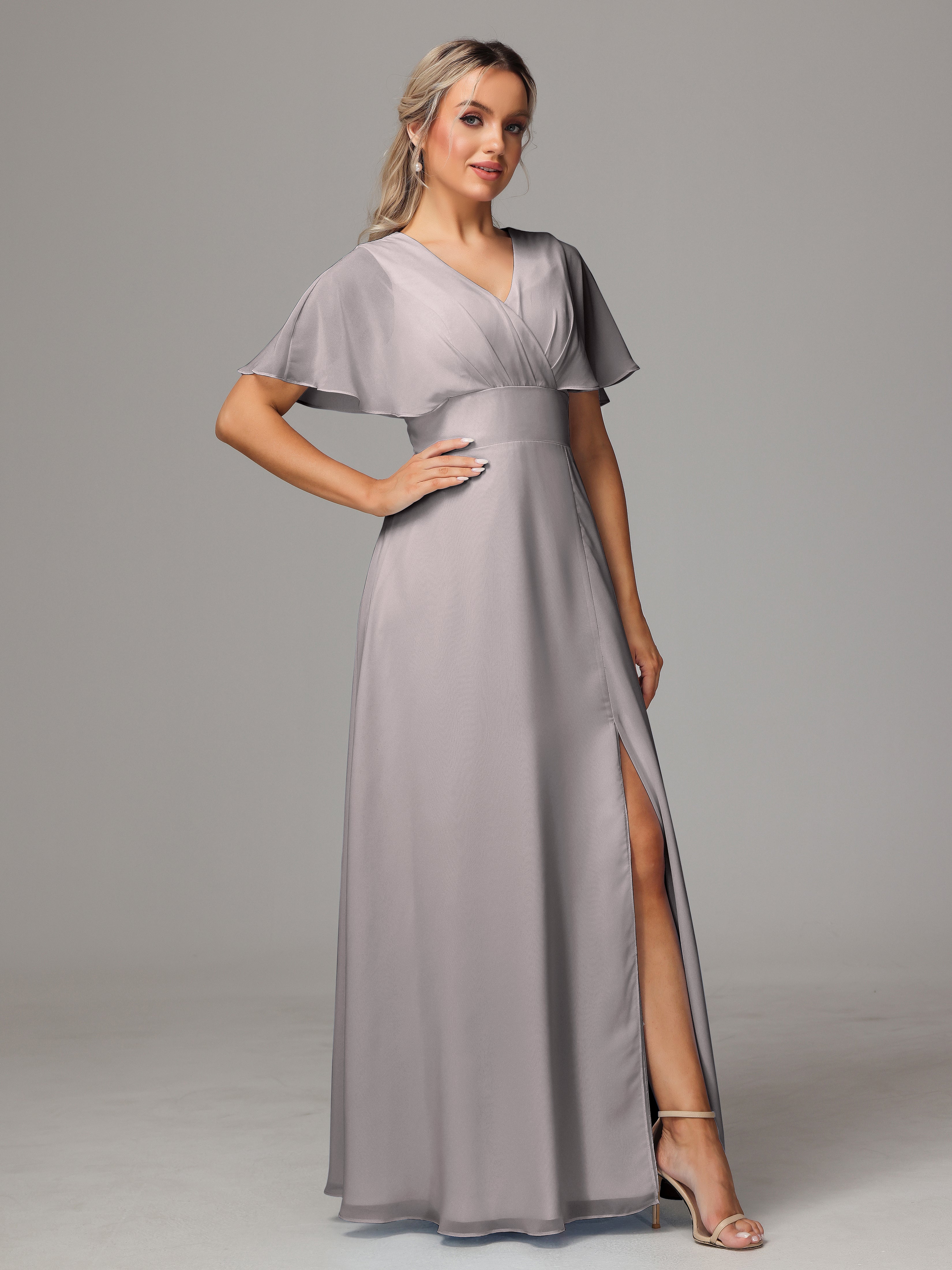 Robes De Demoiselle D'Honneur En Argent Trapèze Col V Fendue Devant Mousseline Robe Demoiselle D'Honneur