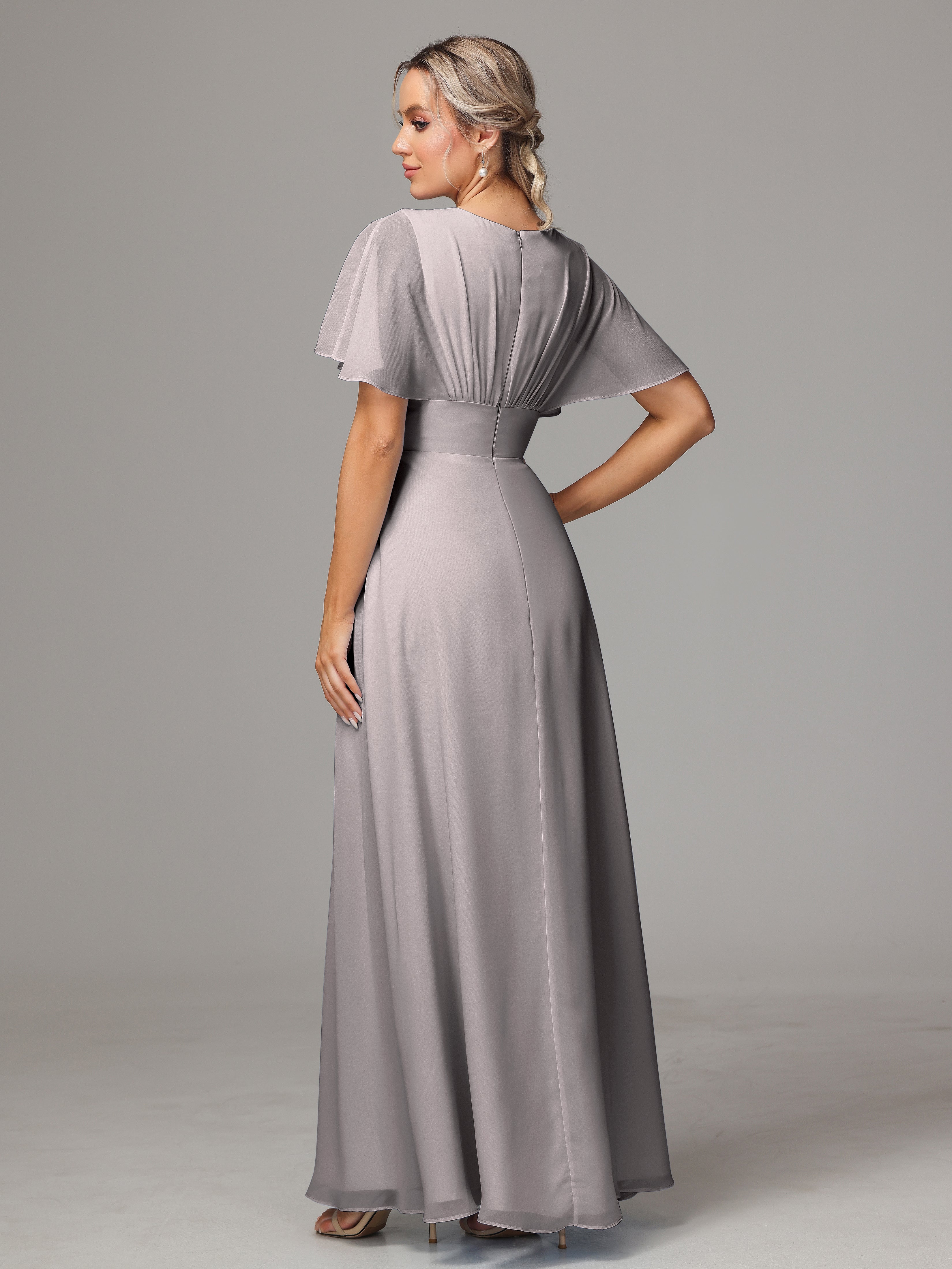 Robes De Demoiselle D'Honneur En Argent Trapèze Col V Fendue Devant Mousseline Robe Demoiselle D'Honneur