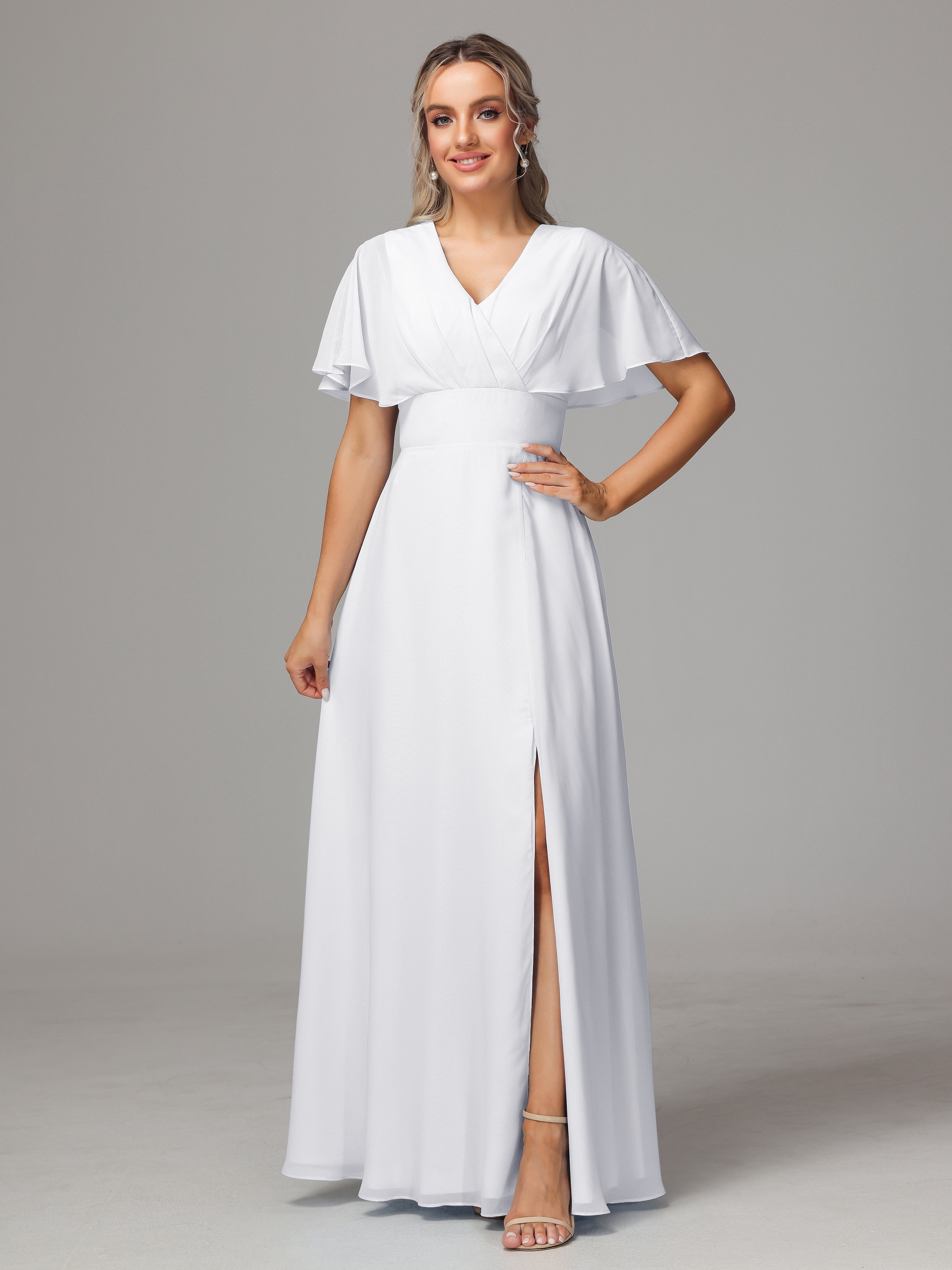 Demoiselle D Honneur Robe Blanche Trapèze Col V Fendue Devant Mousseline Robe Demoiselle D'Honneur