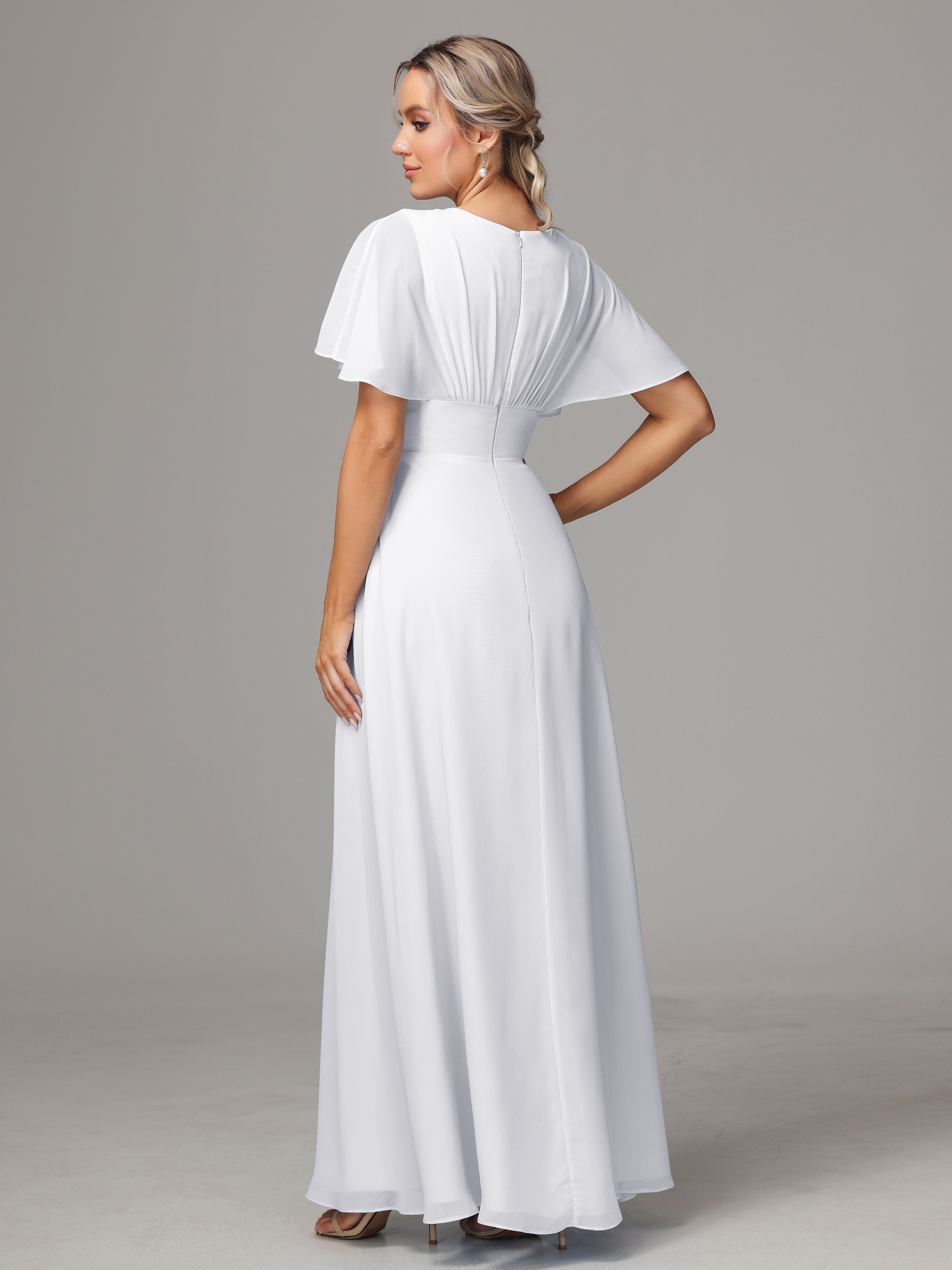 Demoiselle D Honneur Robe Blanche Trapèze Col V Fendue Devant Mousseline Robe Demoiselle D'Honneur