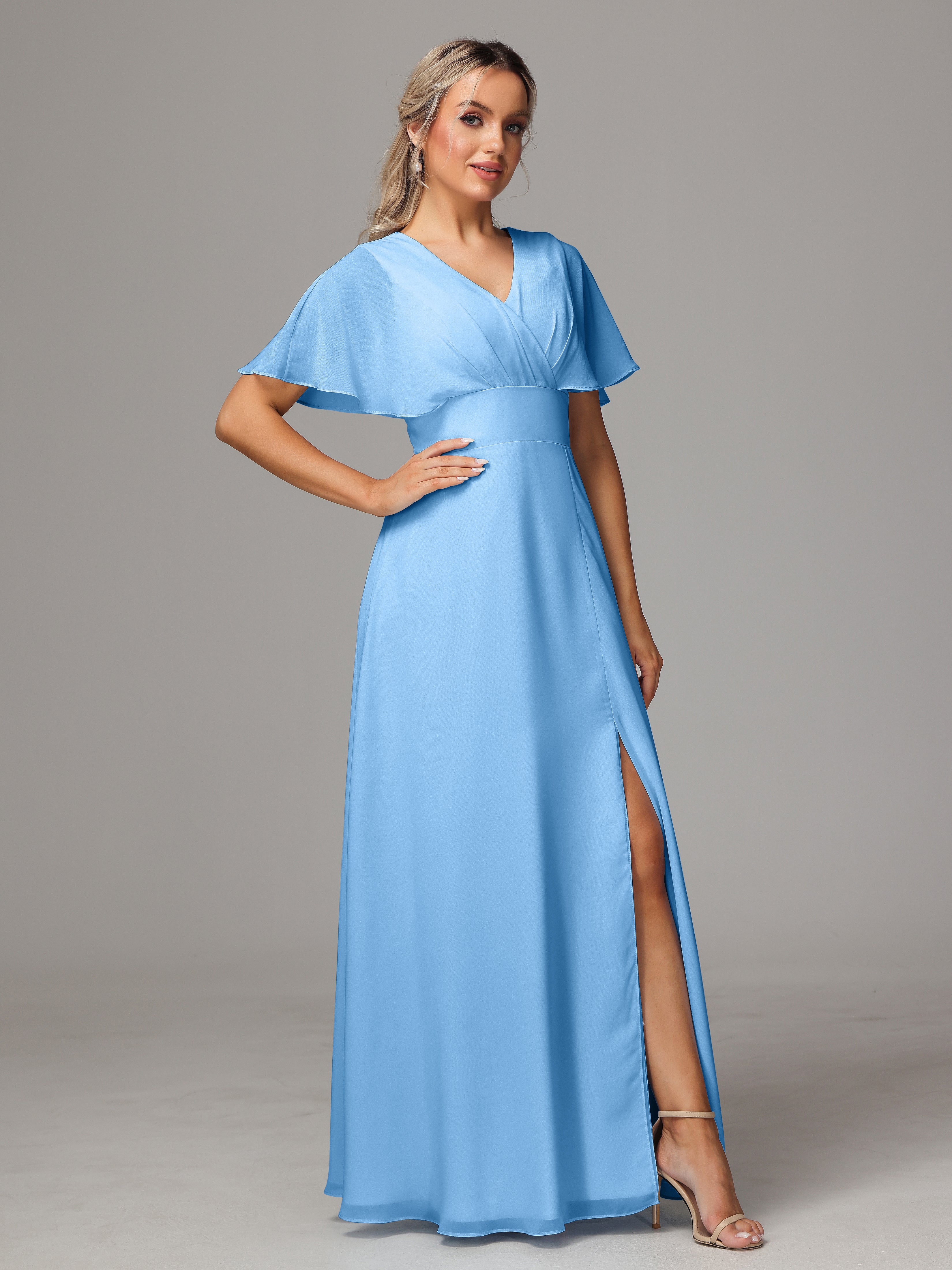 Demoiselle D Honneur Robe Bleu Trapèze Col V Fendue Devant Mousseline Robe Demoiselle D'Honneur