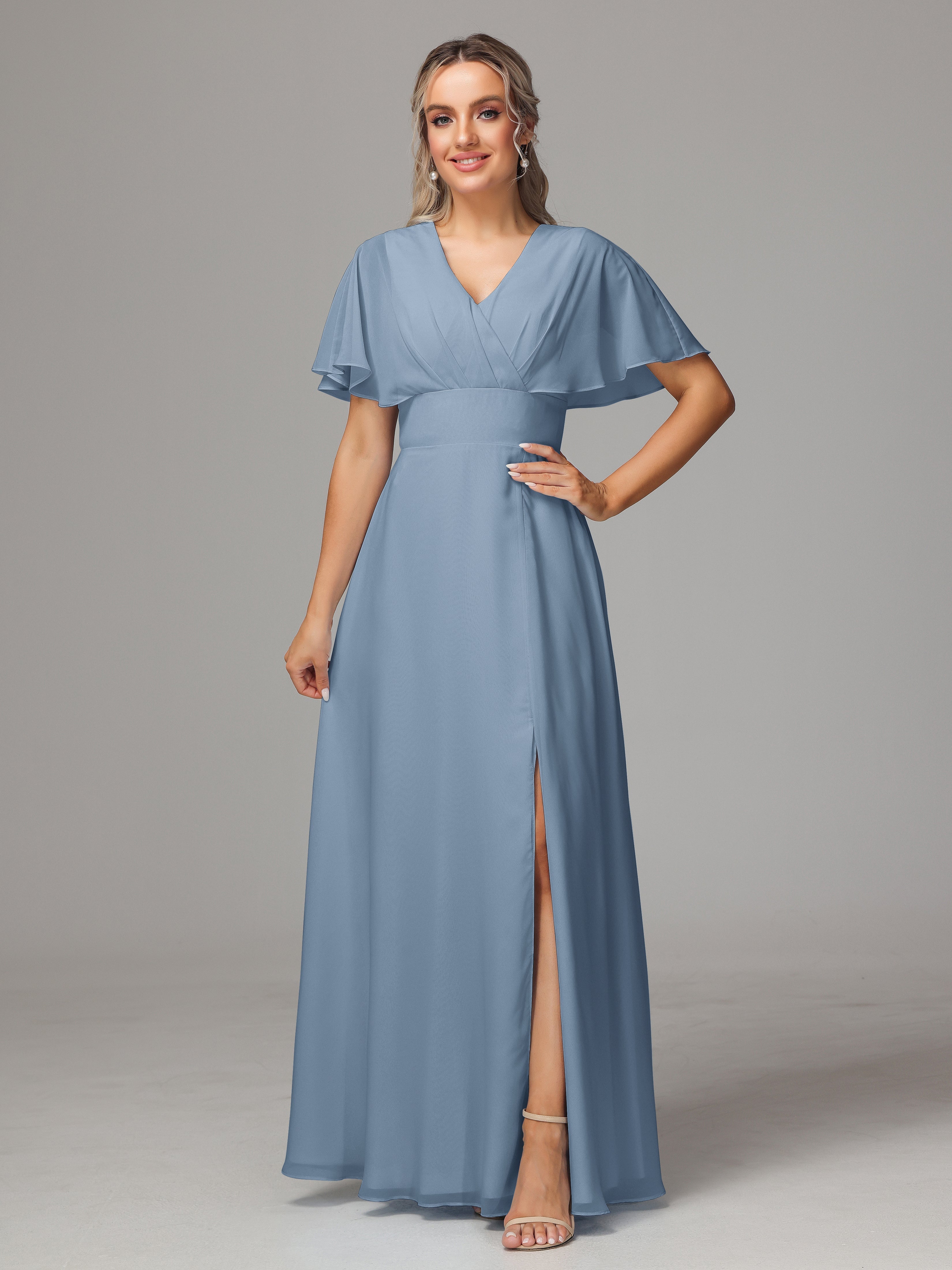 Robes De Demoiselle D'Honneur Bleu De Schiste Trapèze Col V Fendue Devant Mousseline Robe Demoiselle D'Honneur