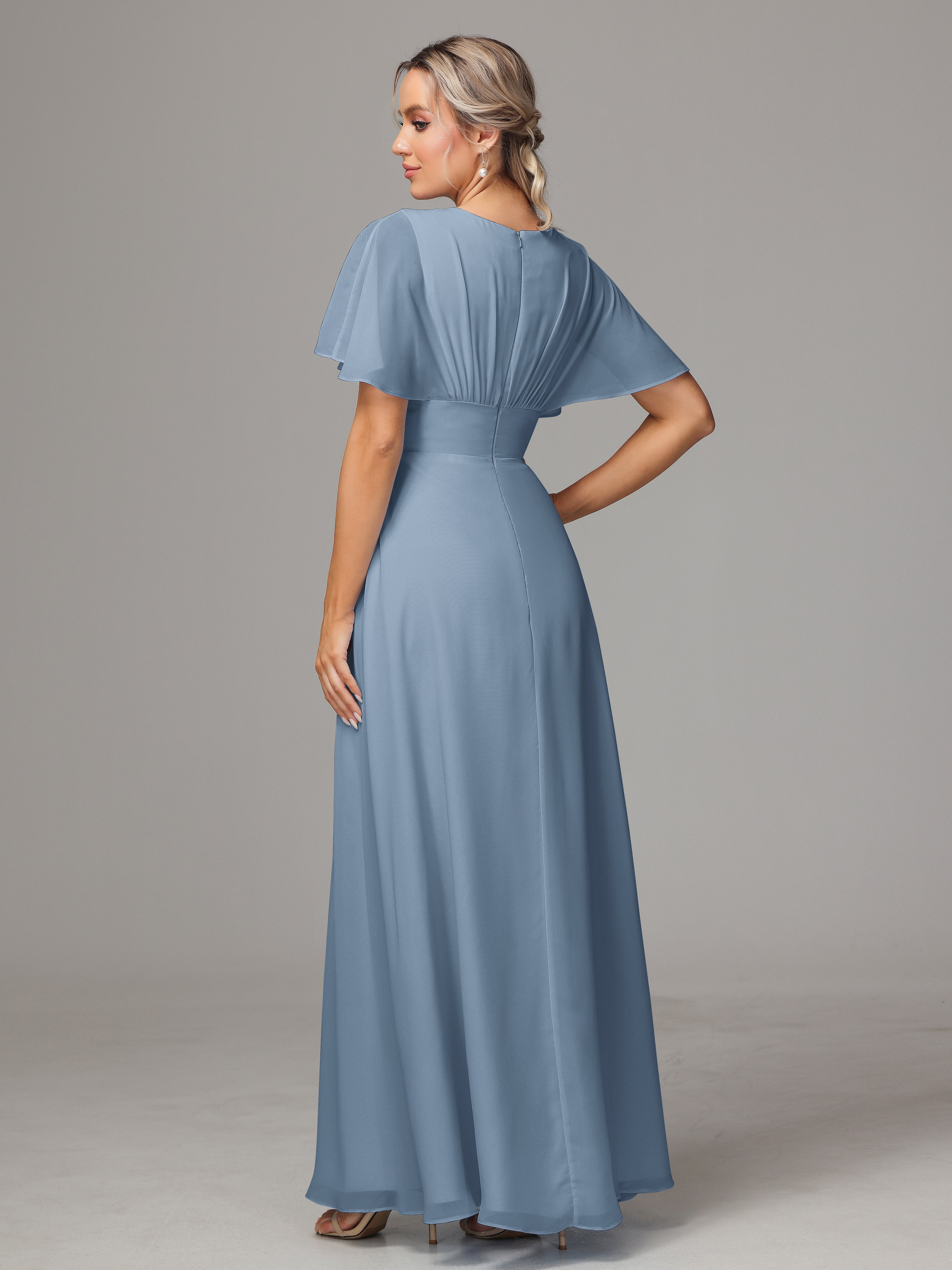 Robes De Demoiselle D'Honneur Bleu De Schiste Trapèze Col V Fendue Devant Mousseline Robe Demoiselle D'Honneur