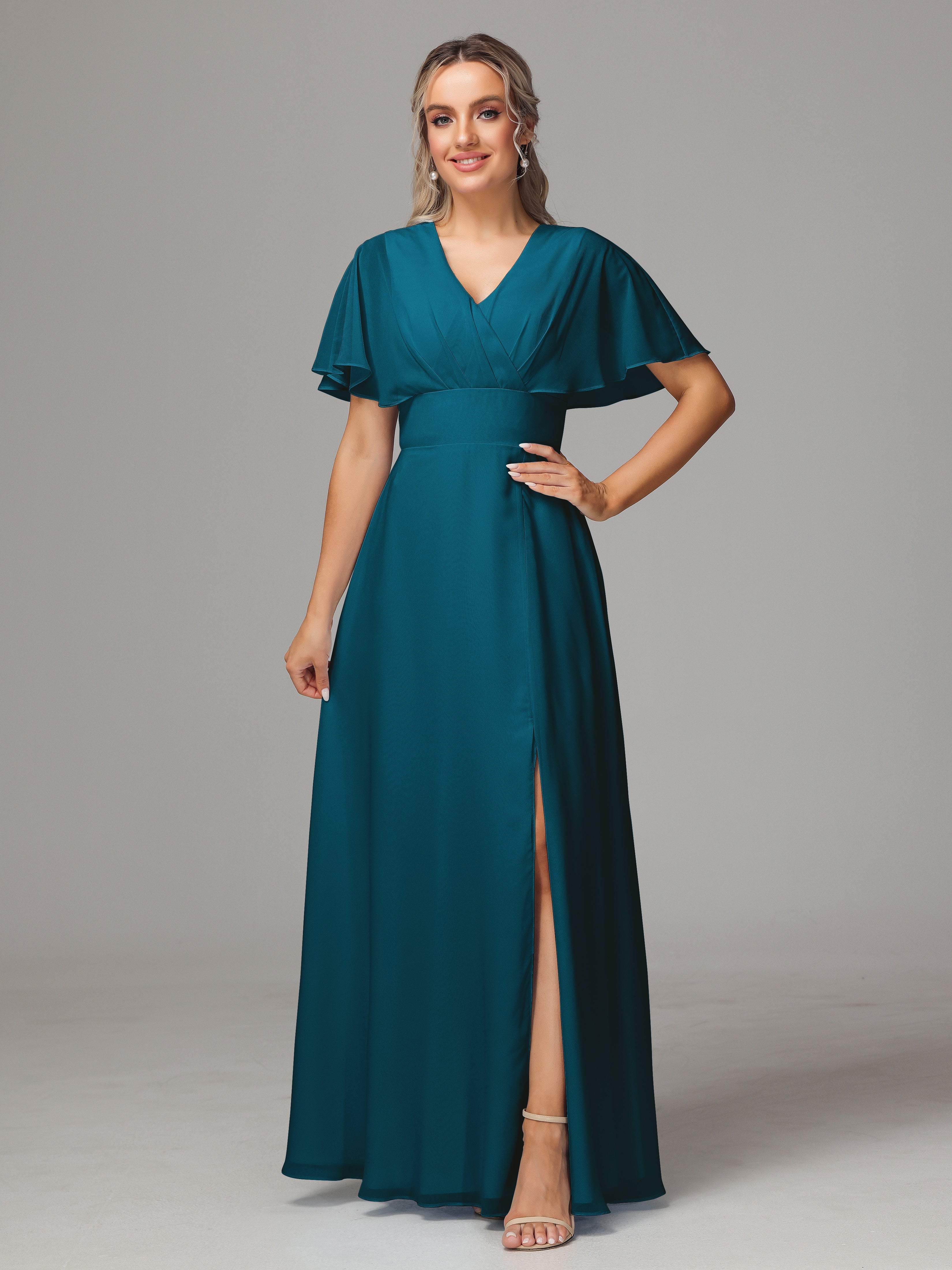 Robes De Demoiselle D'Honneur Bleu Encre Trapèze Col V Fendue Devant Mousseline Robe Demoiselle D'Honneur