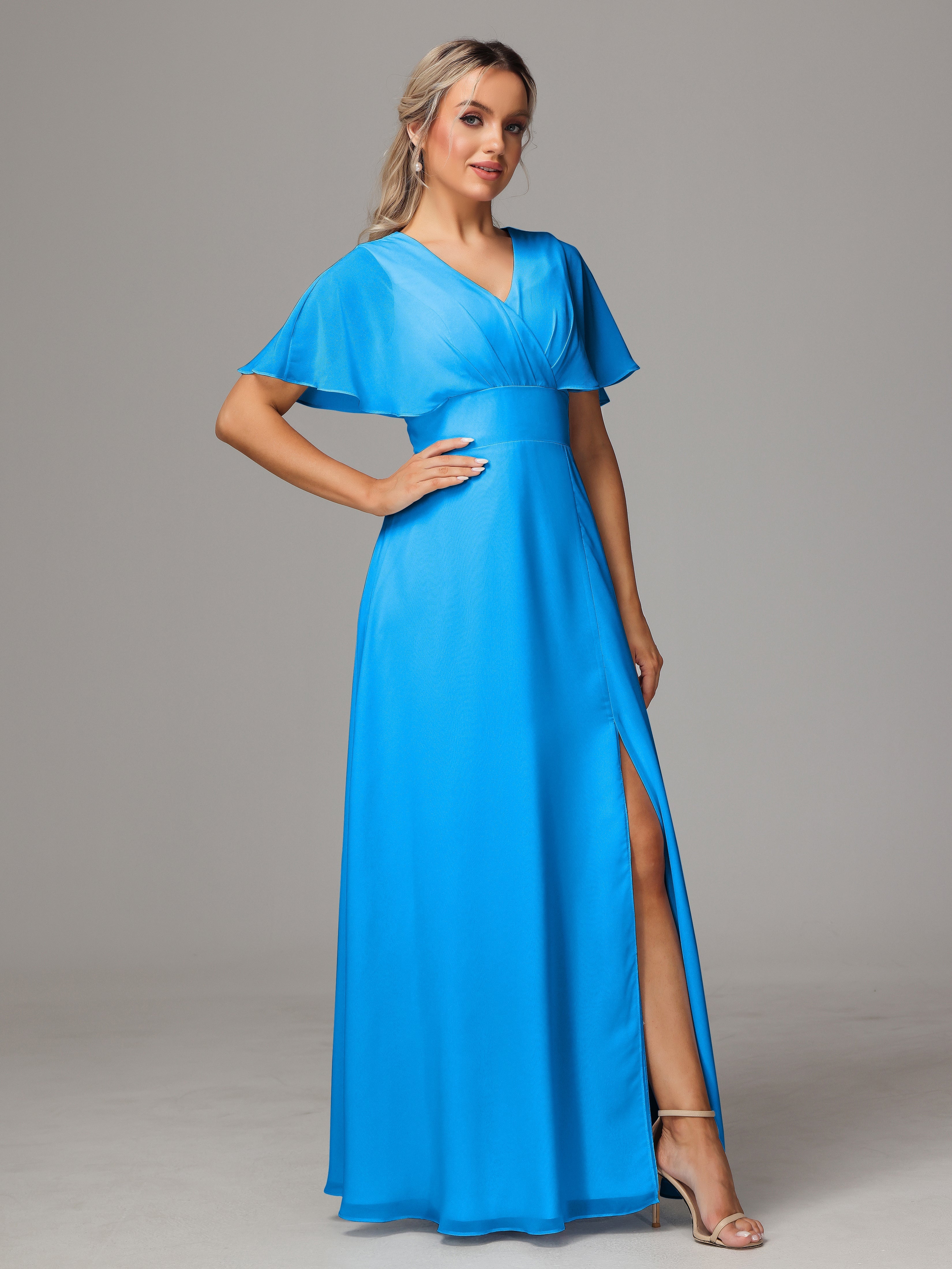 Robes De Demoiselle D'Honneur Bleu Océan Trapèze Col V Fendue Devant Mousseline Robe Demoiselle D'Honneur