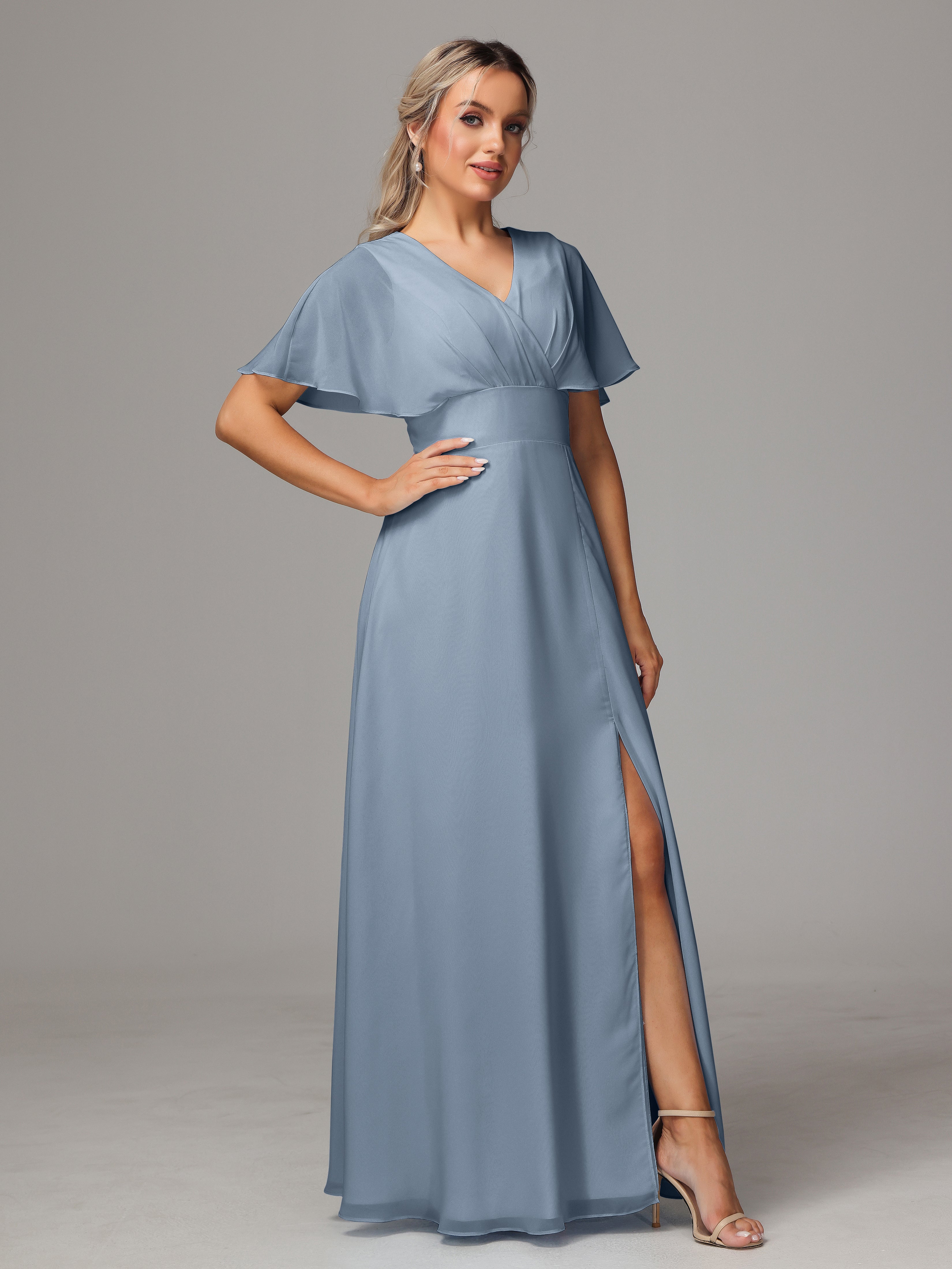 Robe Demoiselle D Honneur Bleu Poussiereux Trapèze Col V Fendue Devant Mousseline Robe Demoiselle D'Honneur