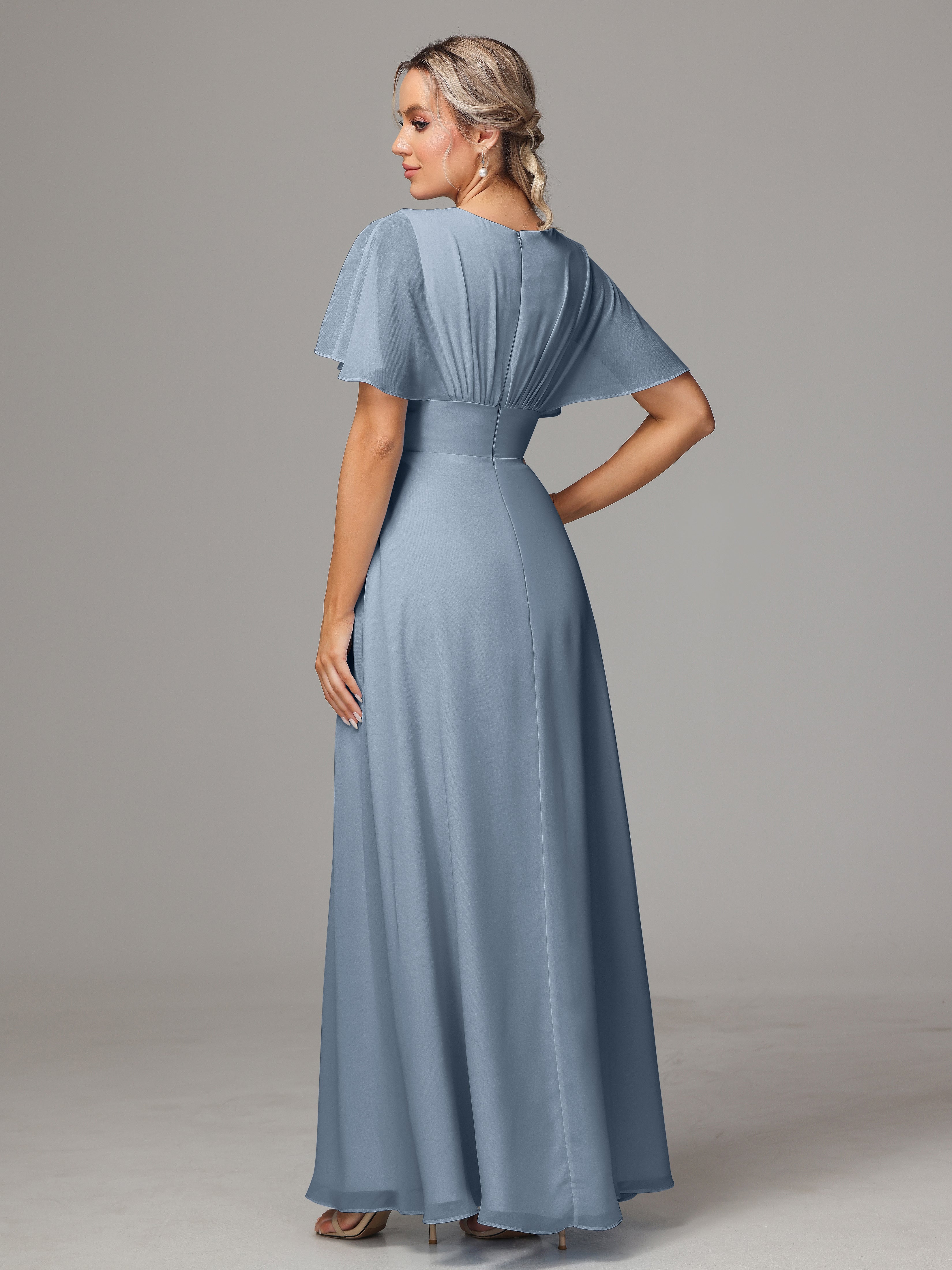 Robe Demoiselle D Honneur Bleu Poussiereux Trapèze Col V Fendue Devant Mousseline Robe Demoiselle D'Honneur