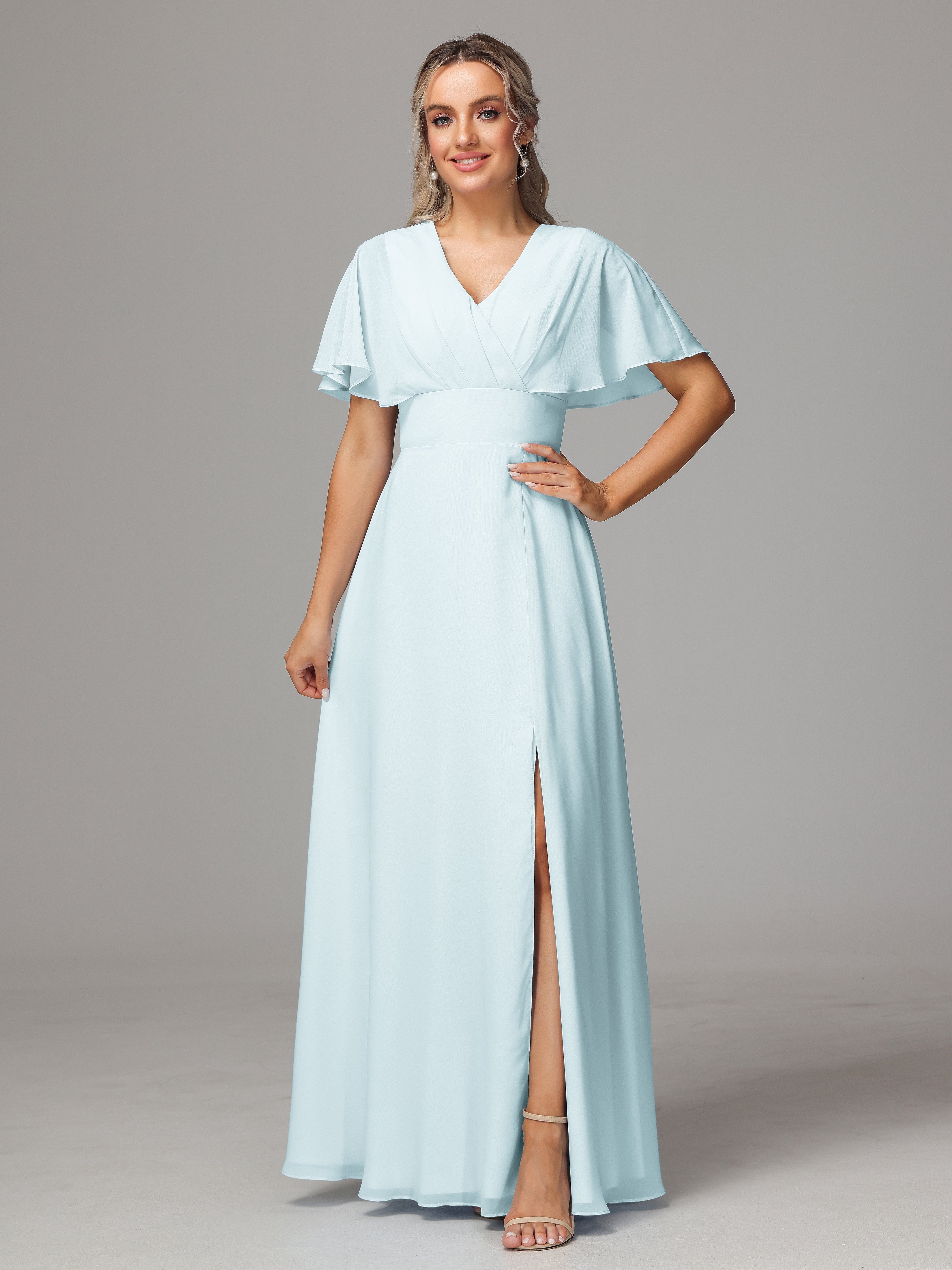 Robe De Demoiselle D'Honneur Brume Trapèze Col V Fendue Devant Mousseline Robe Demoiselle D'Honneur