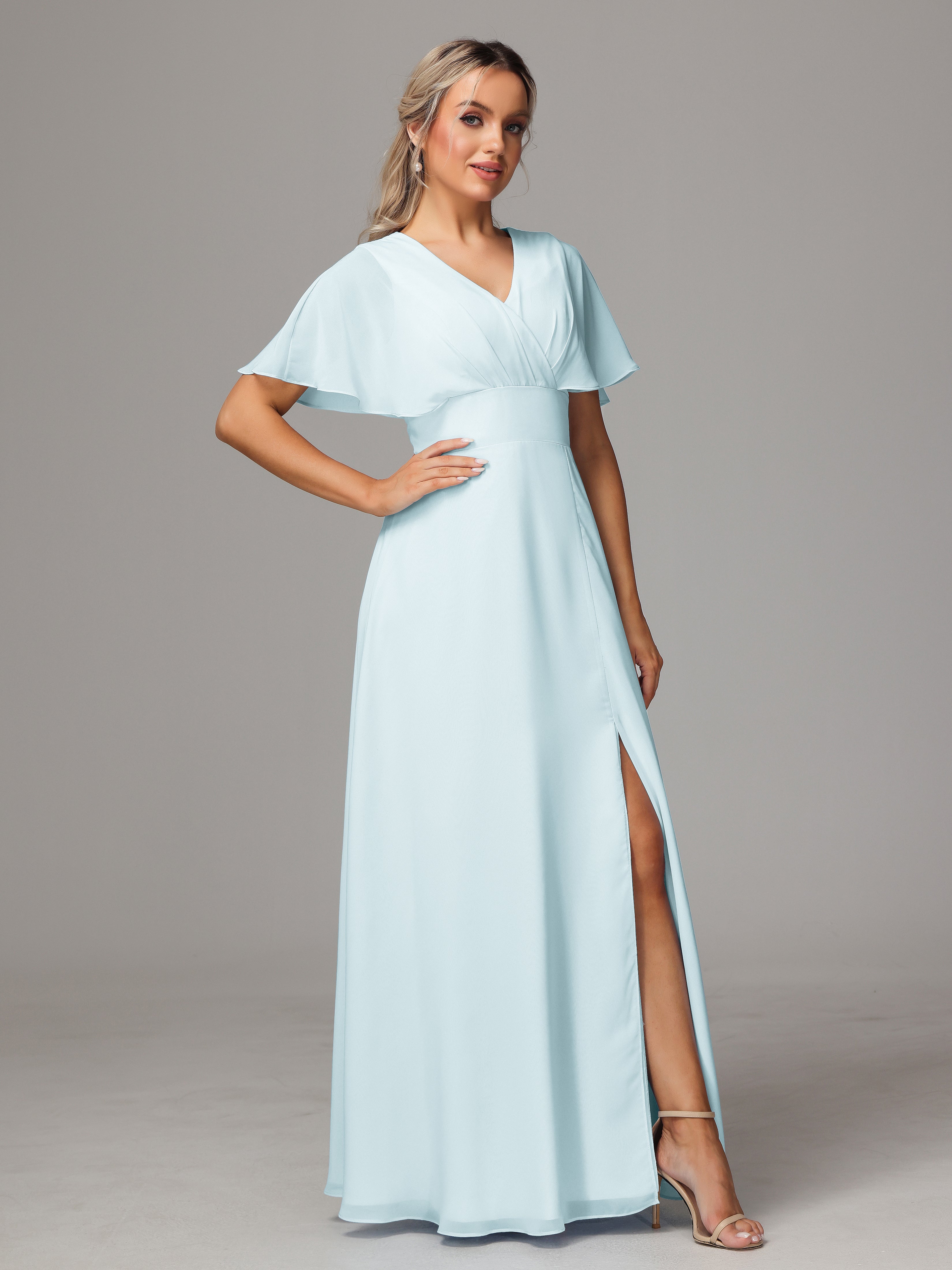 Robe De Demoiselle D'Honneur Brume Trapèze Col V Fendue Devant Mousseline Robe Demoiselle D'Honneur