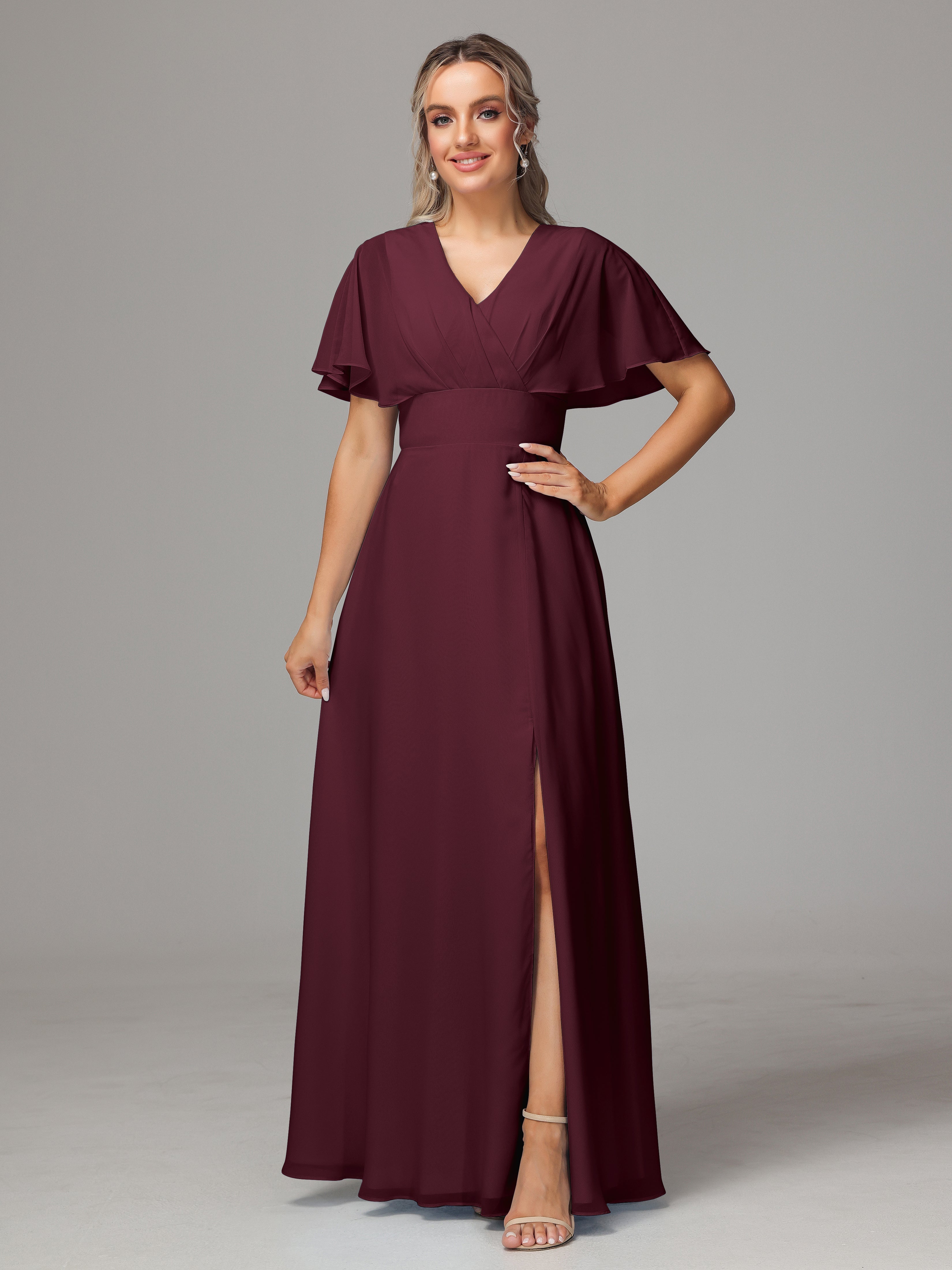 Robes De Demoiselle D'Honneur Cabernet Trapèze Col V Fendue Devant Mousseline Robe Demoiselle D'Honneur