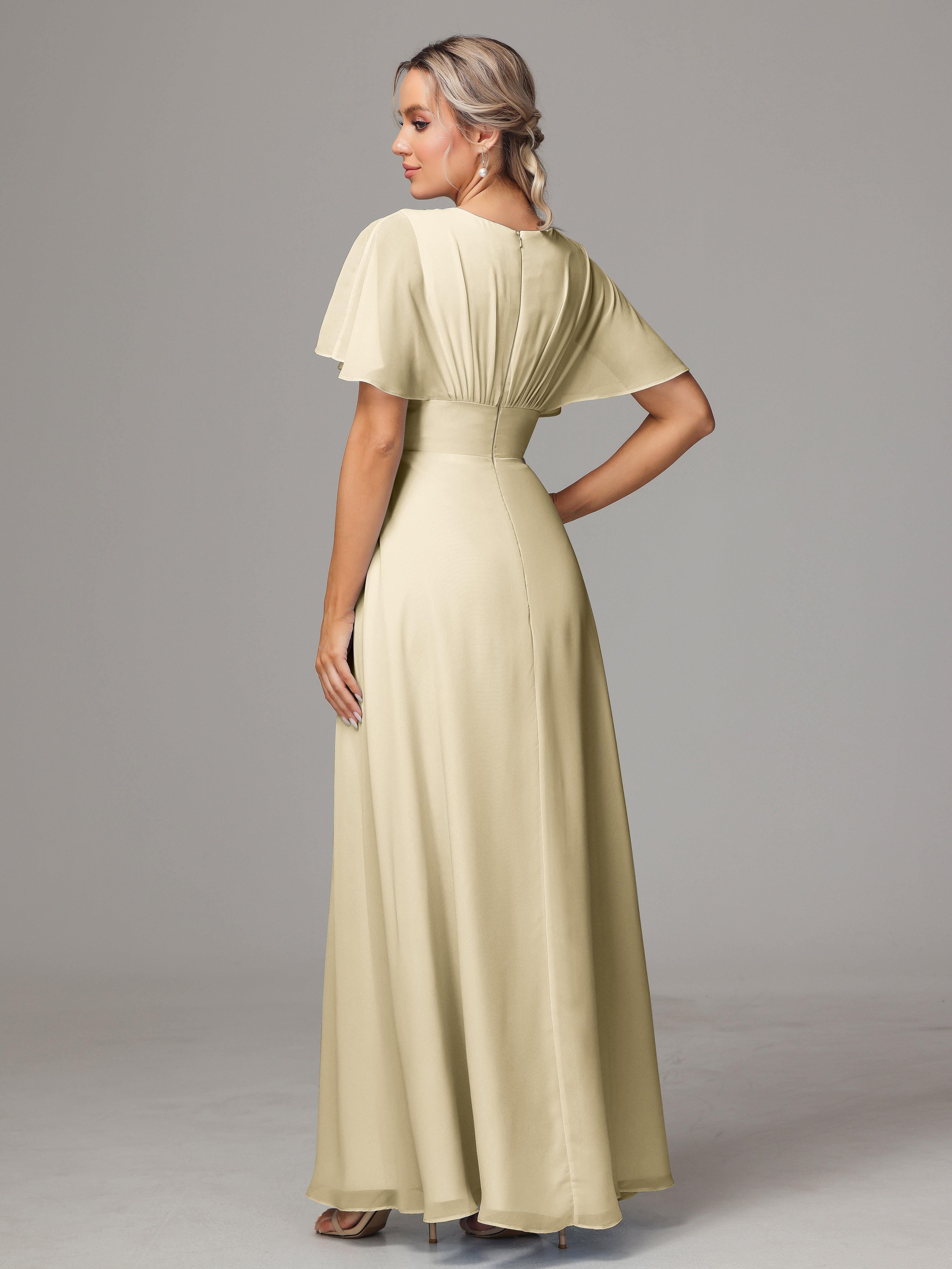 Robes De Demoiselle D'Honneur Champagne Trapèze Col V Fendue Devant Mousseline Robe Demoiselle D'Honneur