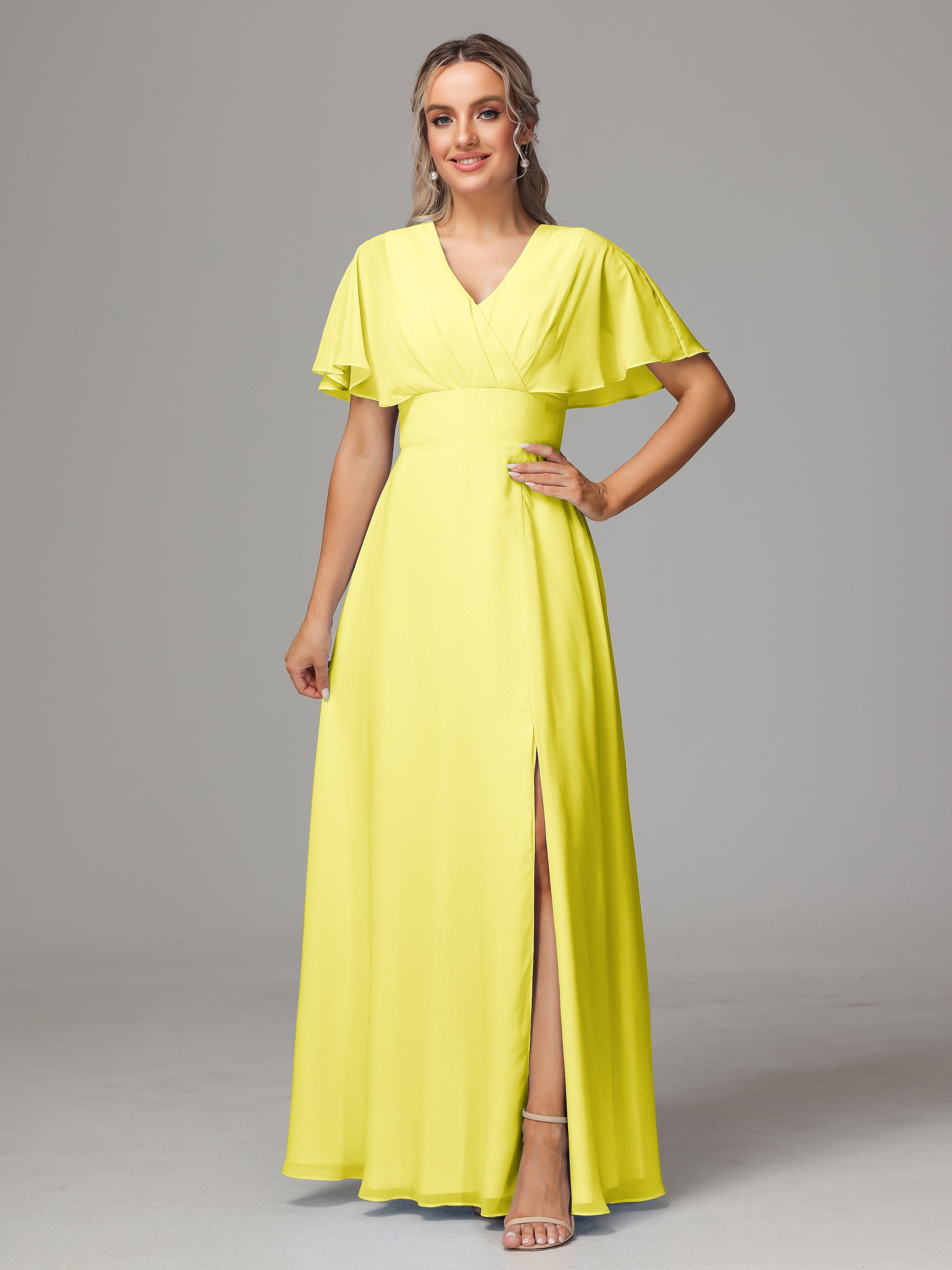 Robes De Demoiselle D'Honneur Citron Trapèze Col V Fendue Devant Mousseline Robe Demoiselle D'Honneur