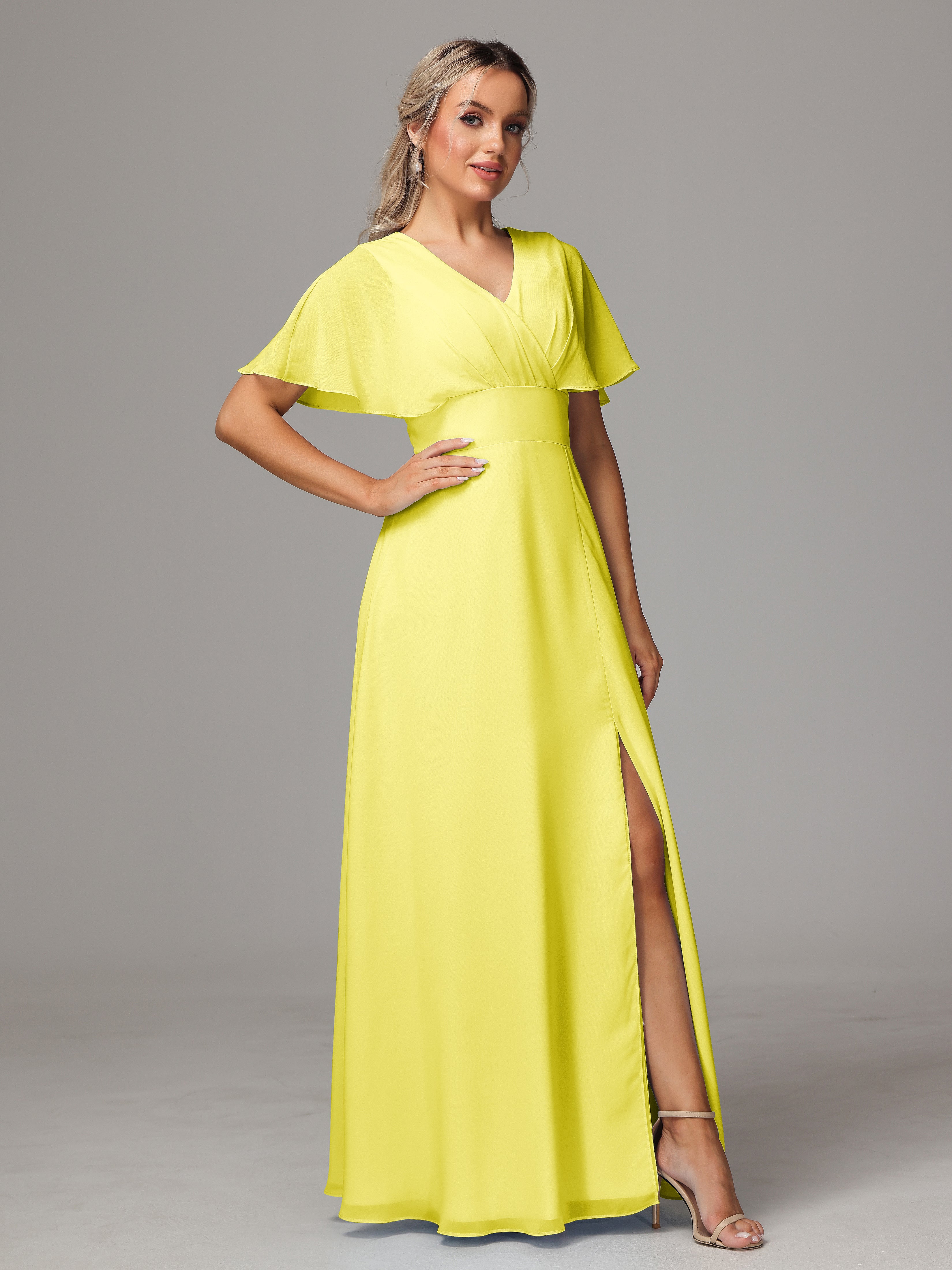 Robes De Demoiselle D'Honneur Citron Trapèze Col V Fendue Devant Mousseline Robe Demoiselle D'Honneur