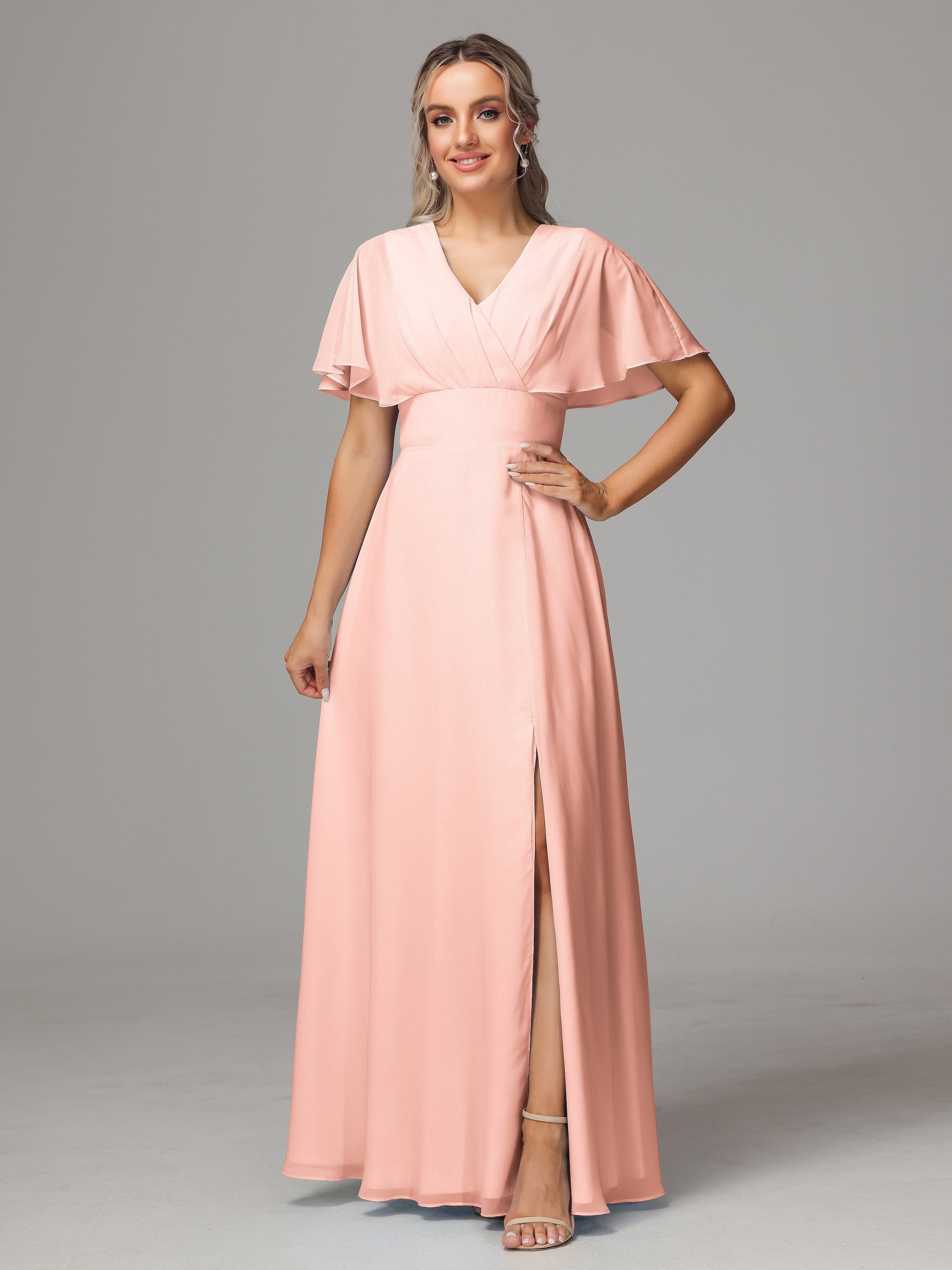 Corail Robe Demoiselle D Honneur Trapèze Col V Fendue Devant Mousseline Robe Demoiselle D'Honneur