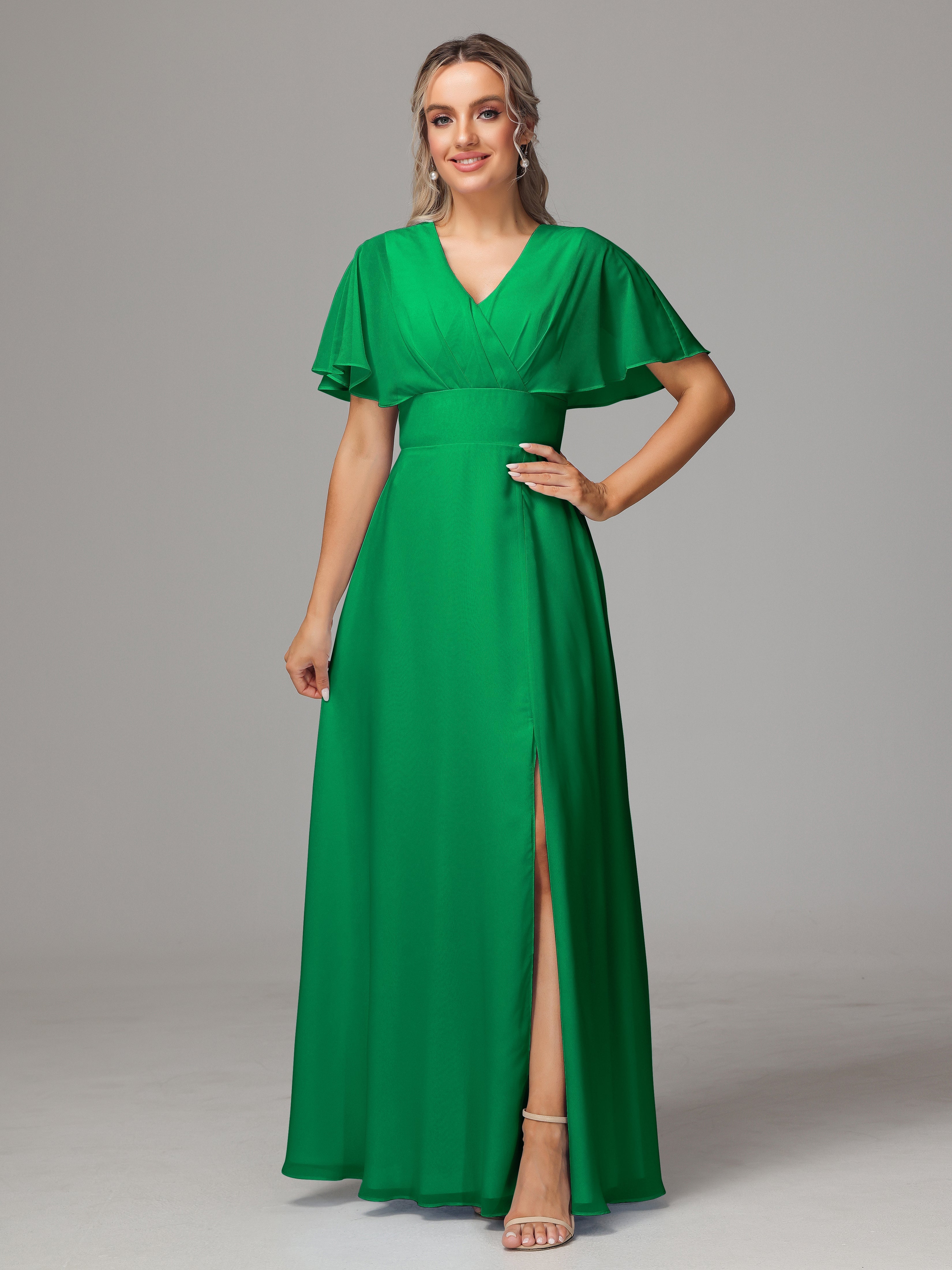 Robe Demoiselle D Honneur Vert Emeraude Trapèze Col V Fendue Devant Mousseline Robe Demoiselle D'Honneur